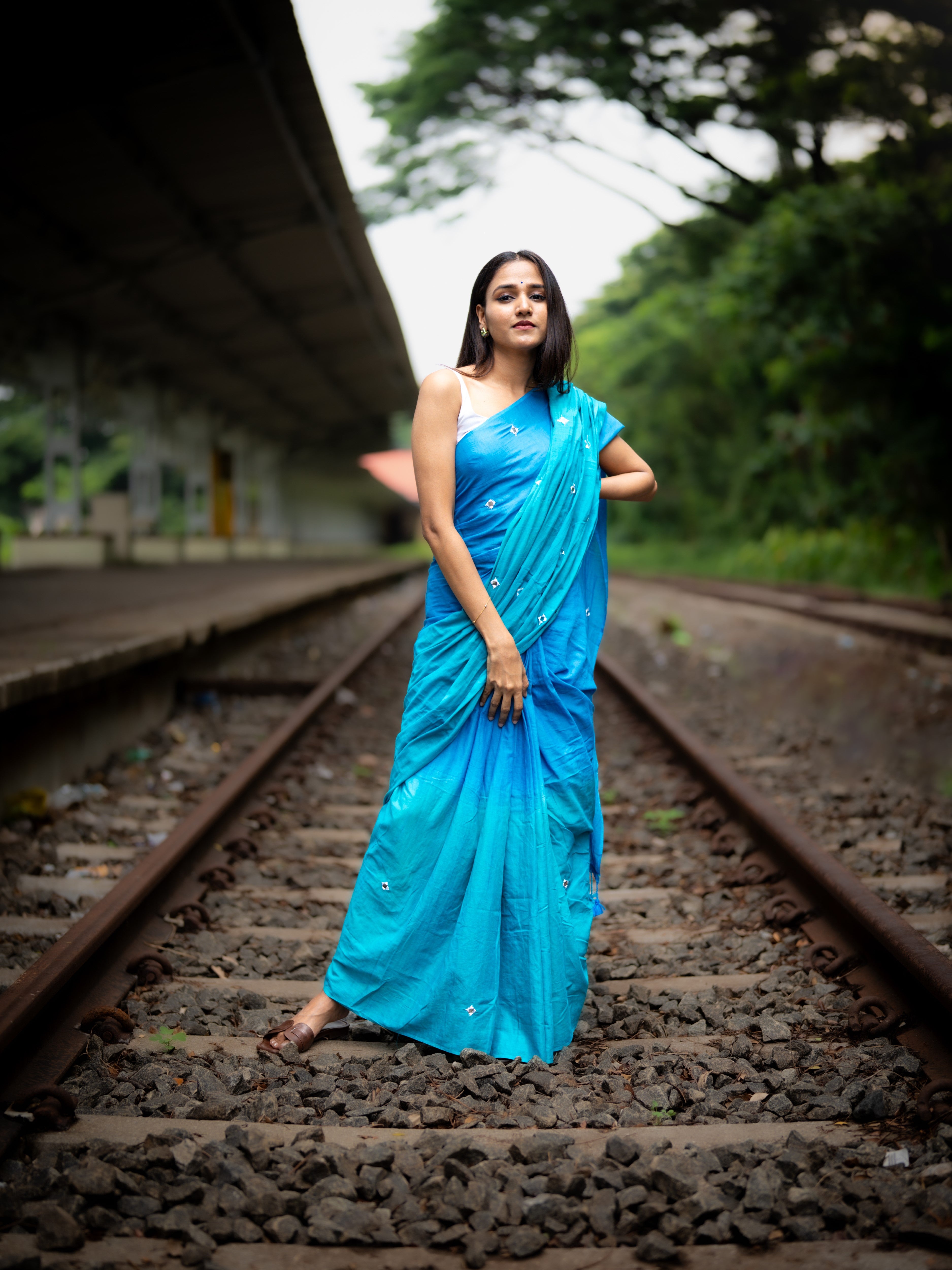 Pure Mul Cotton Mirror Work Saree Sky Blue