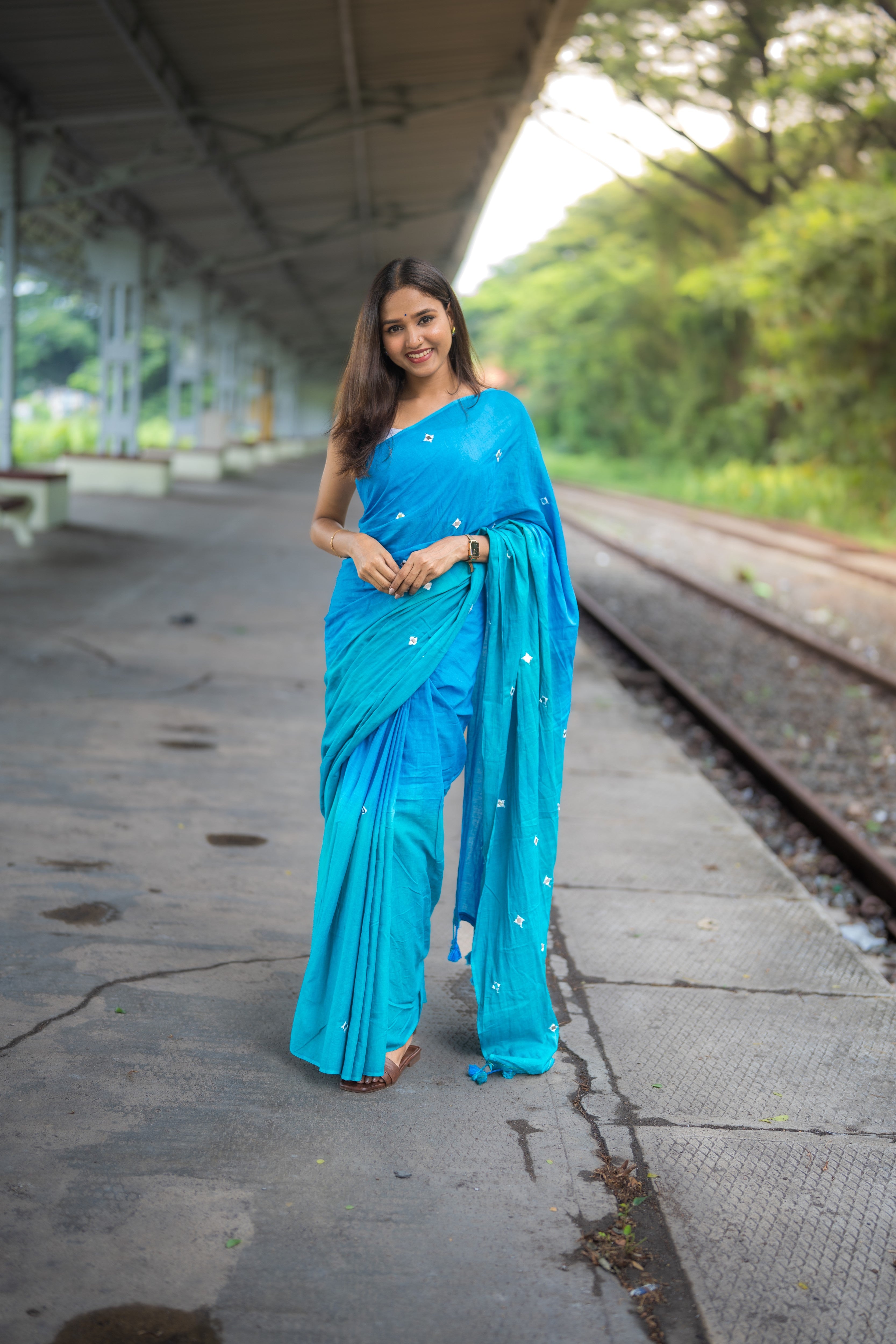 Pure Mul Cotton Mirror Work Saree Sky Blue