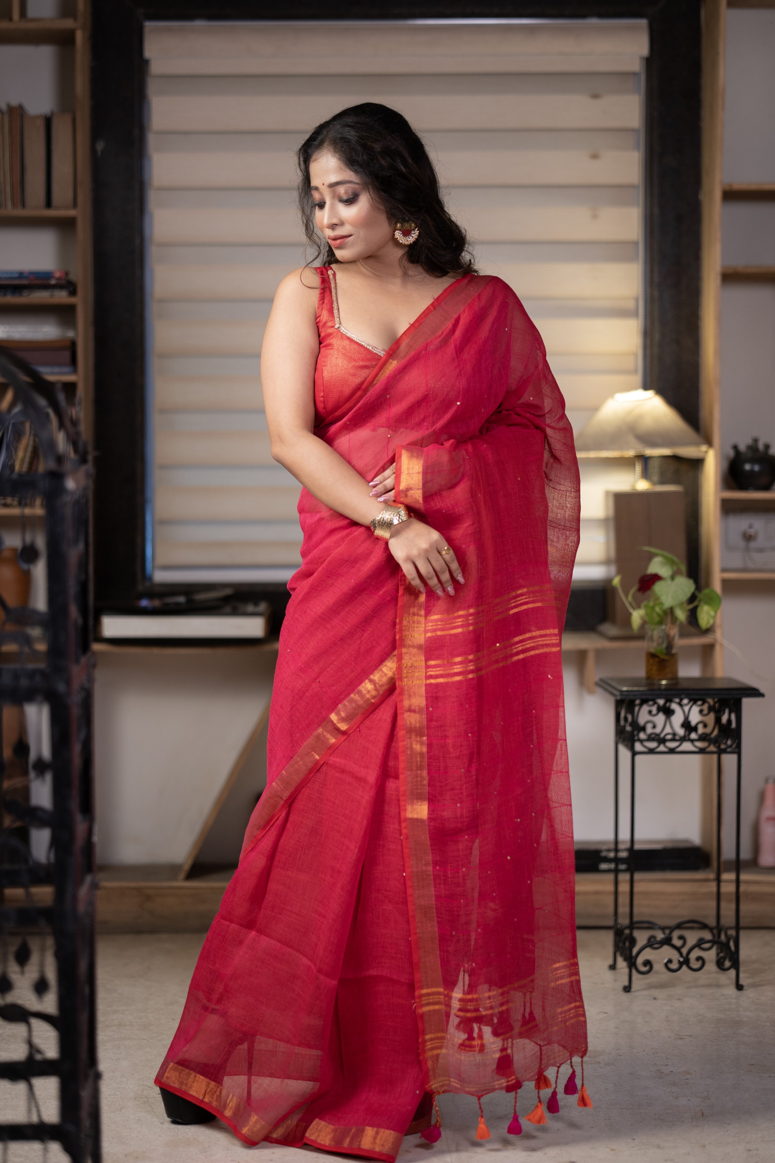 Rani Sequence Work Linen Saree