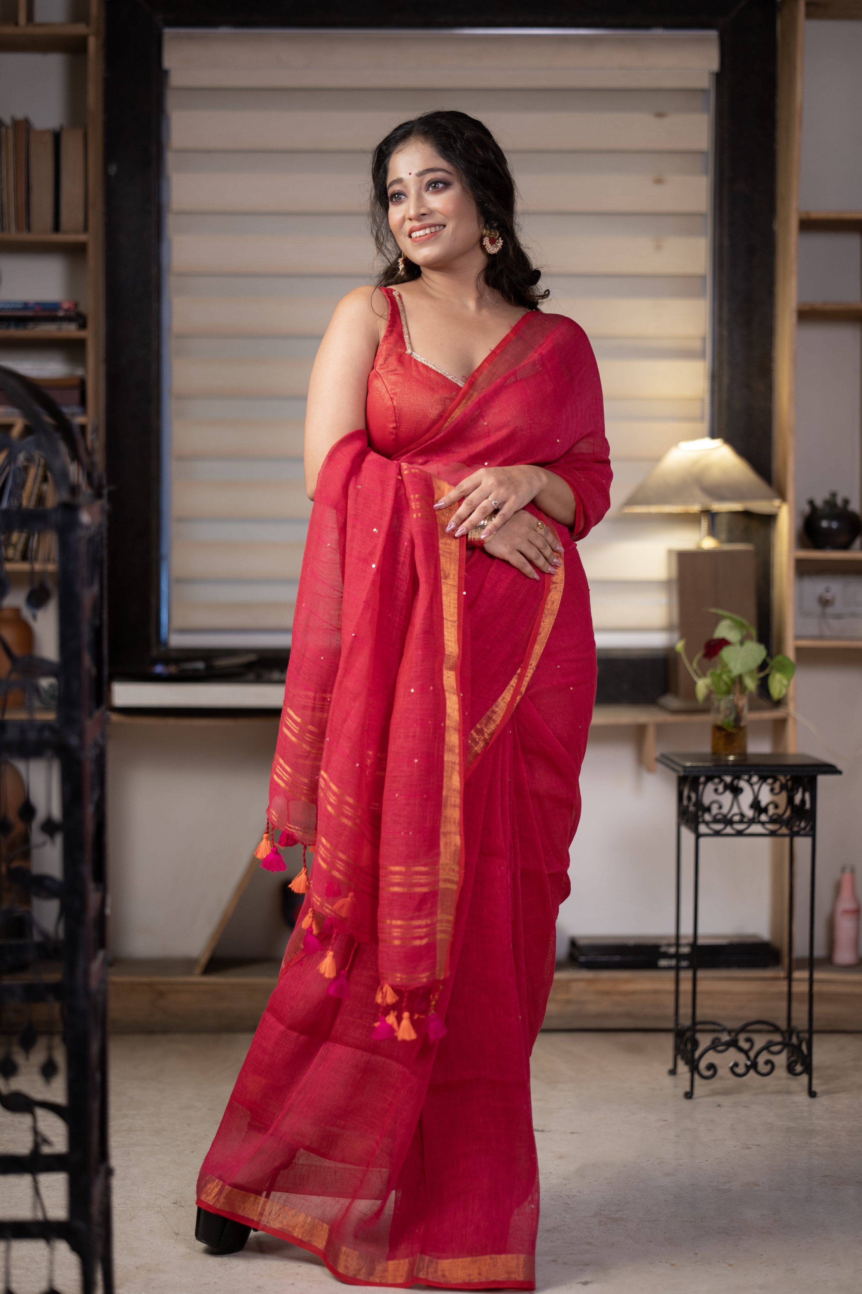 Rani Sequence Work Linen Saree