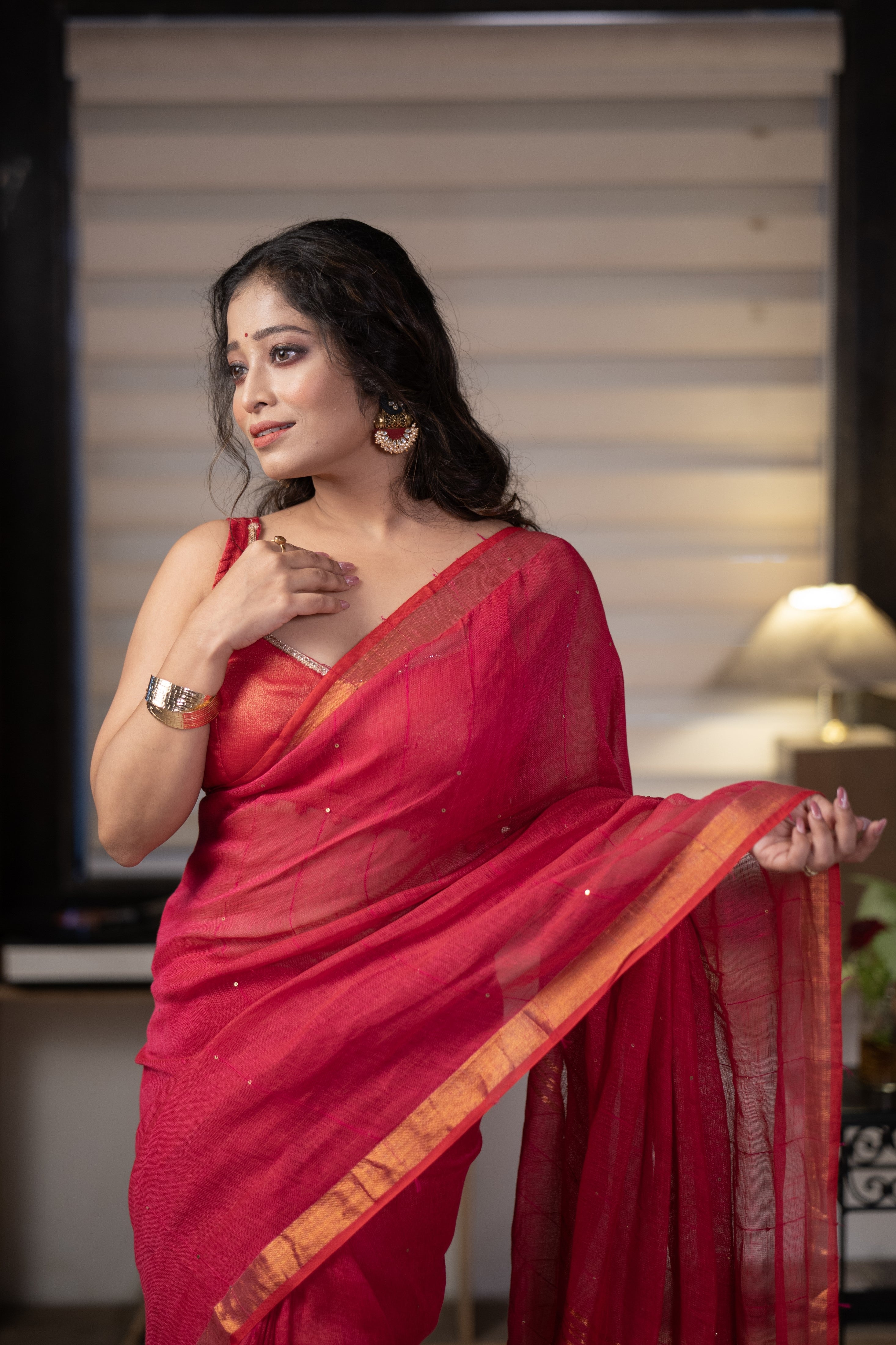 Rani Sequence Work Linen Saree