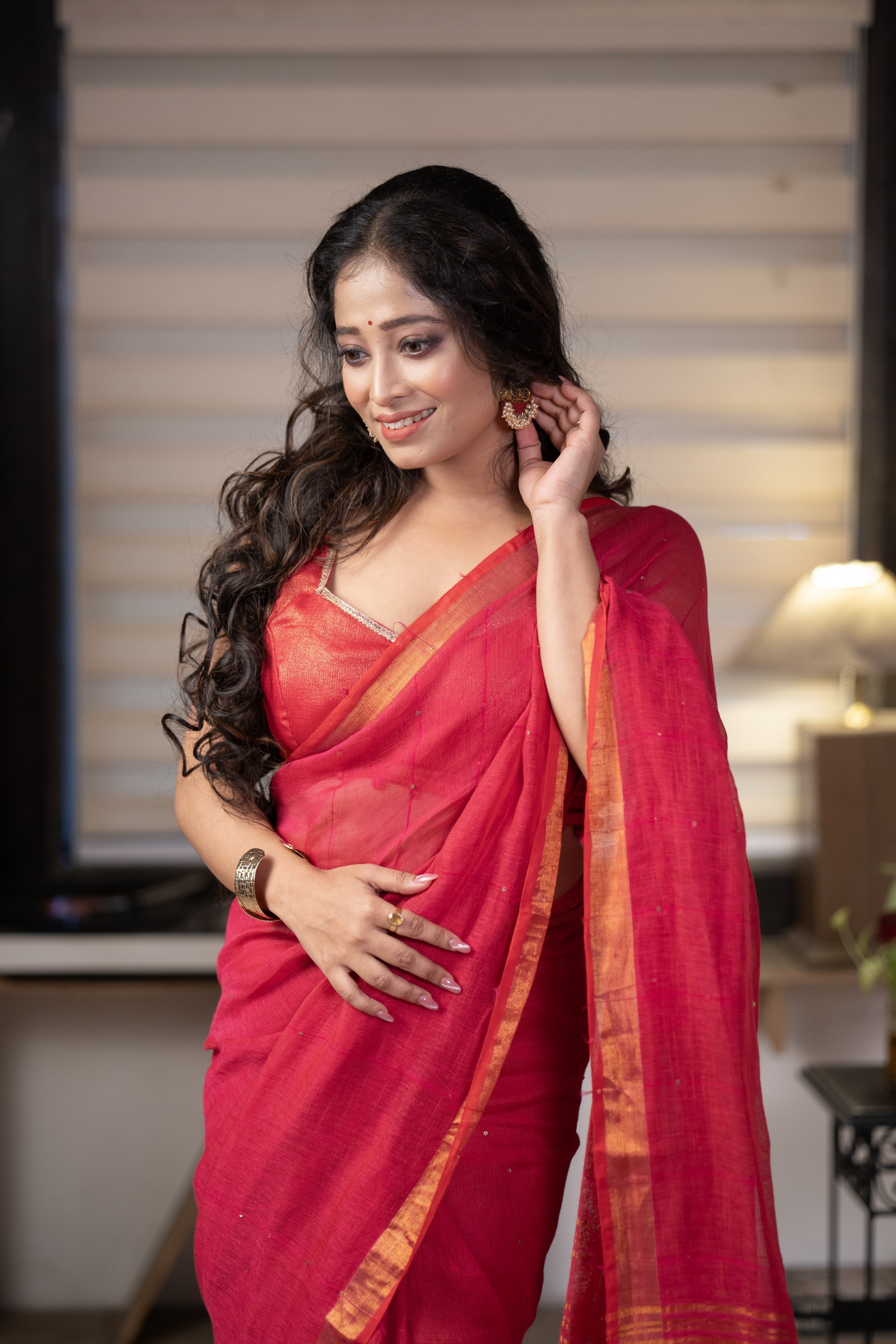 Rani Sequence Work Linen Saree