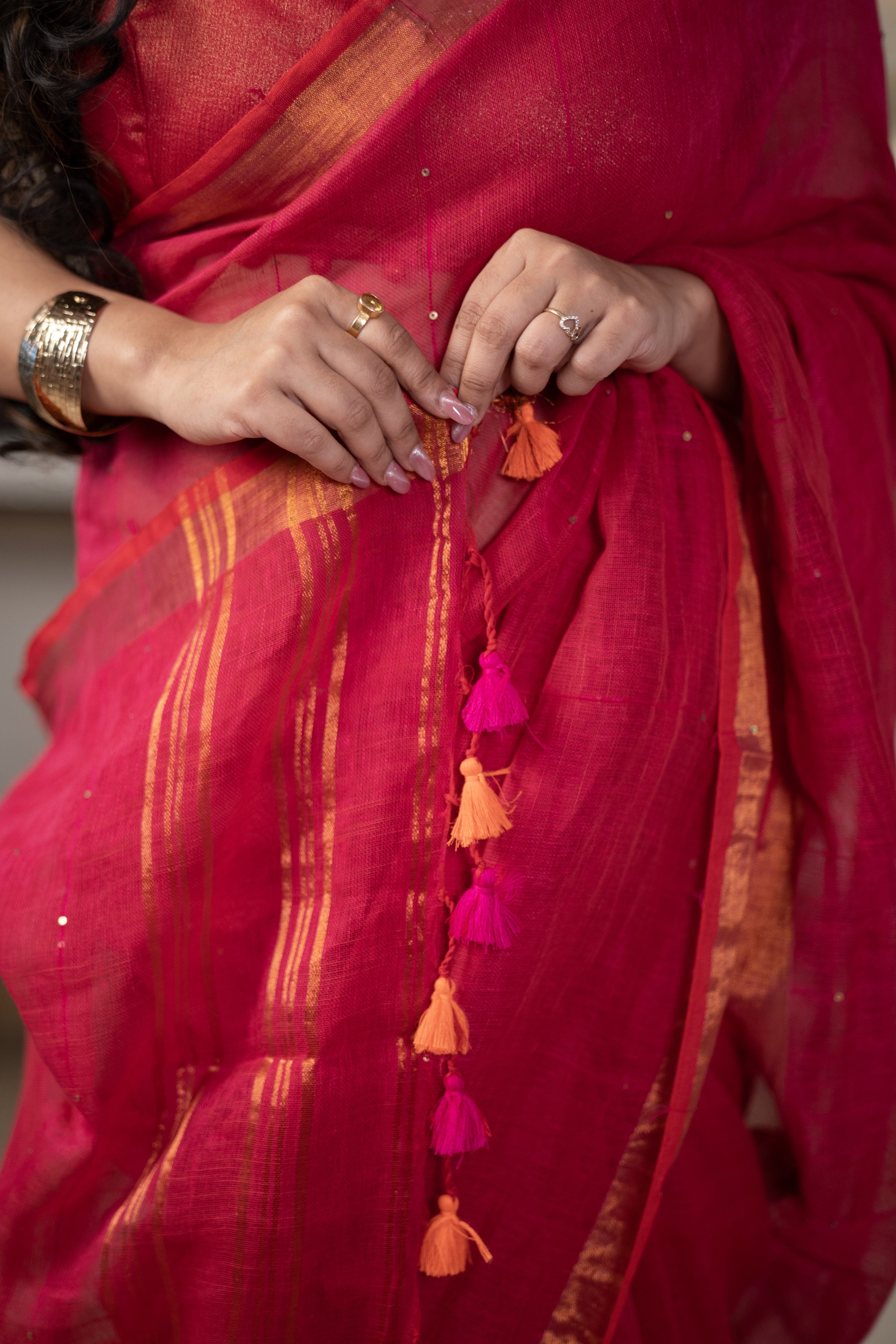 Rani Sequence Work Linen Saree