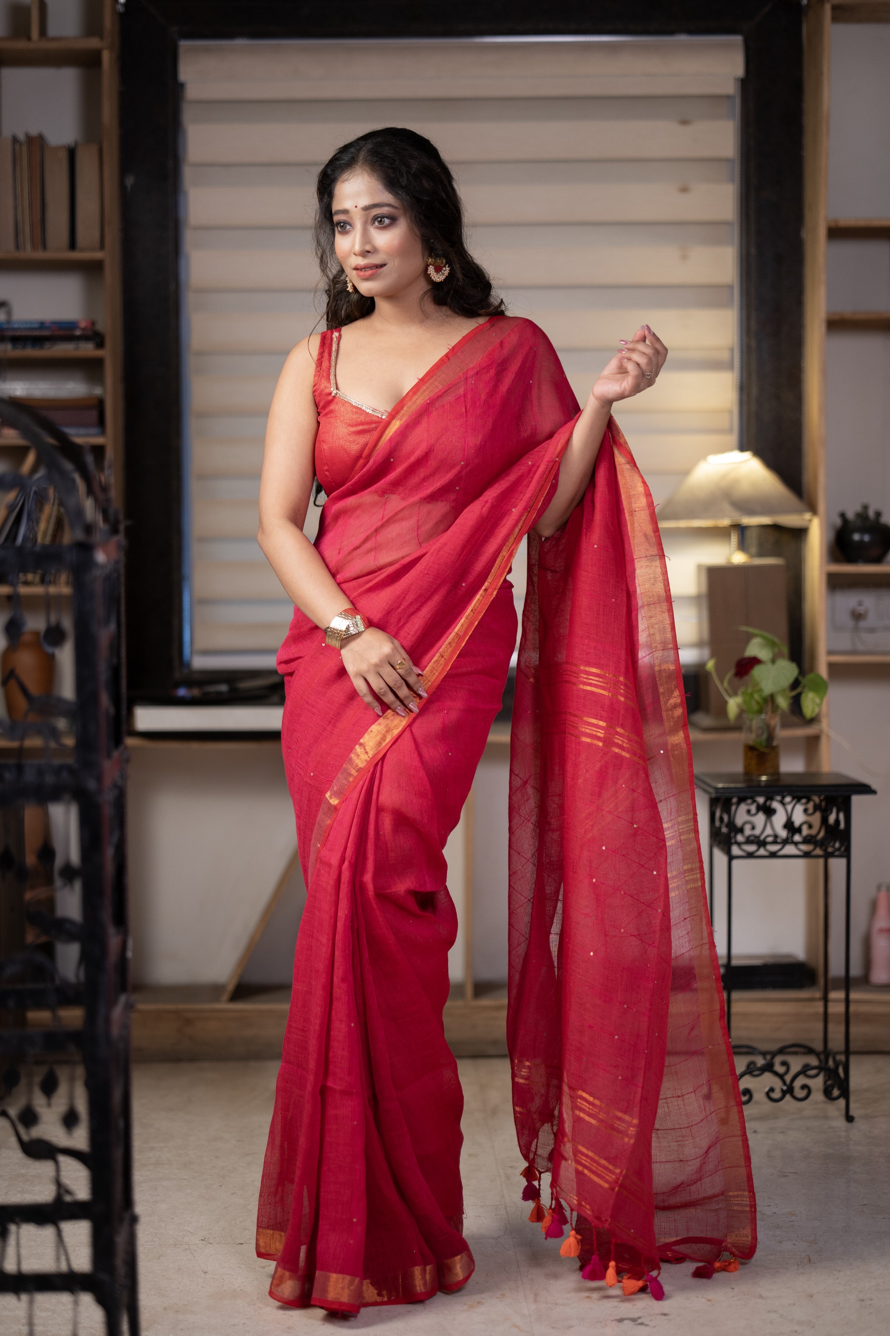 Rani Sequence Work Linen Saree
