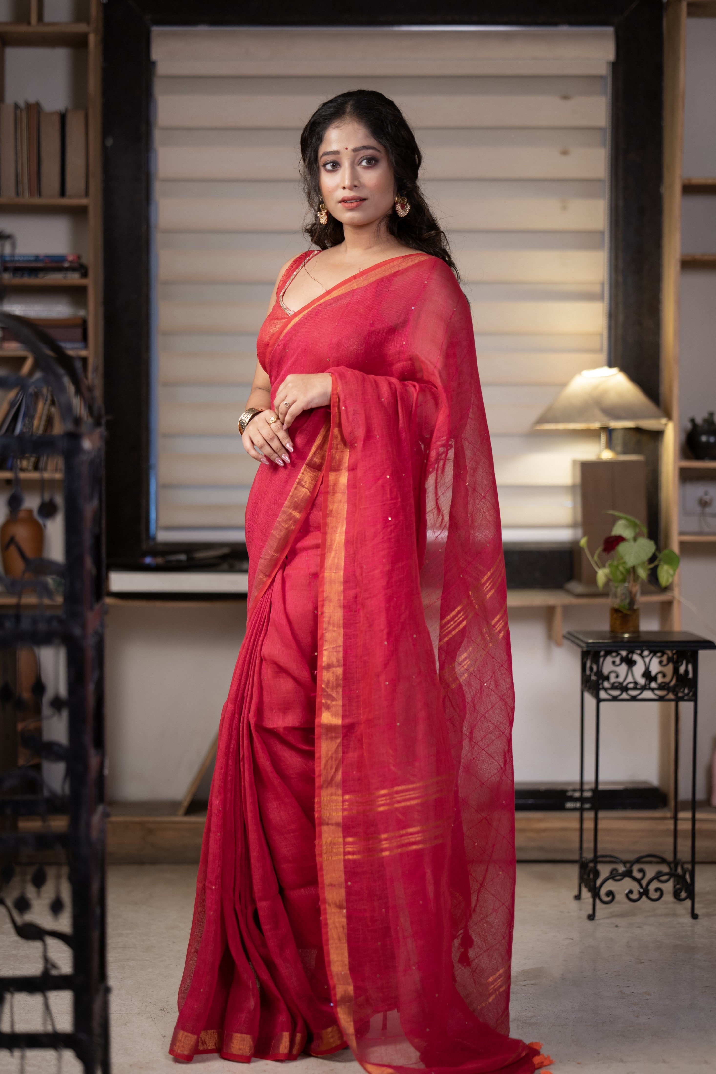 Rani Sequence Work Linen Saree