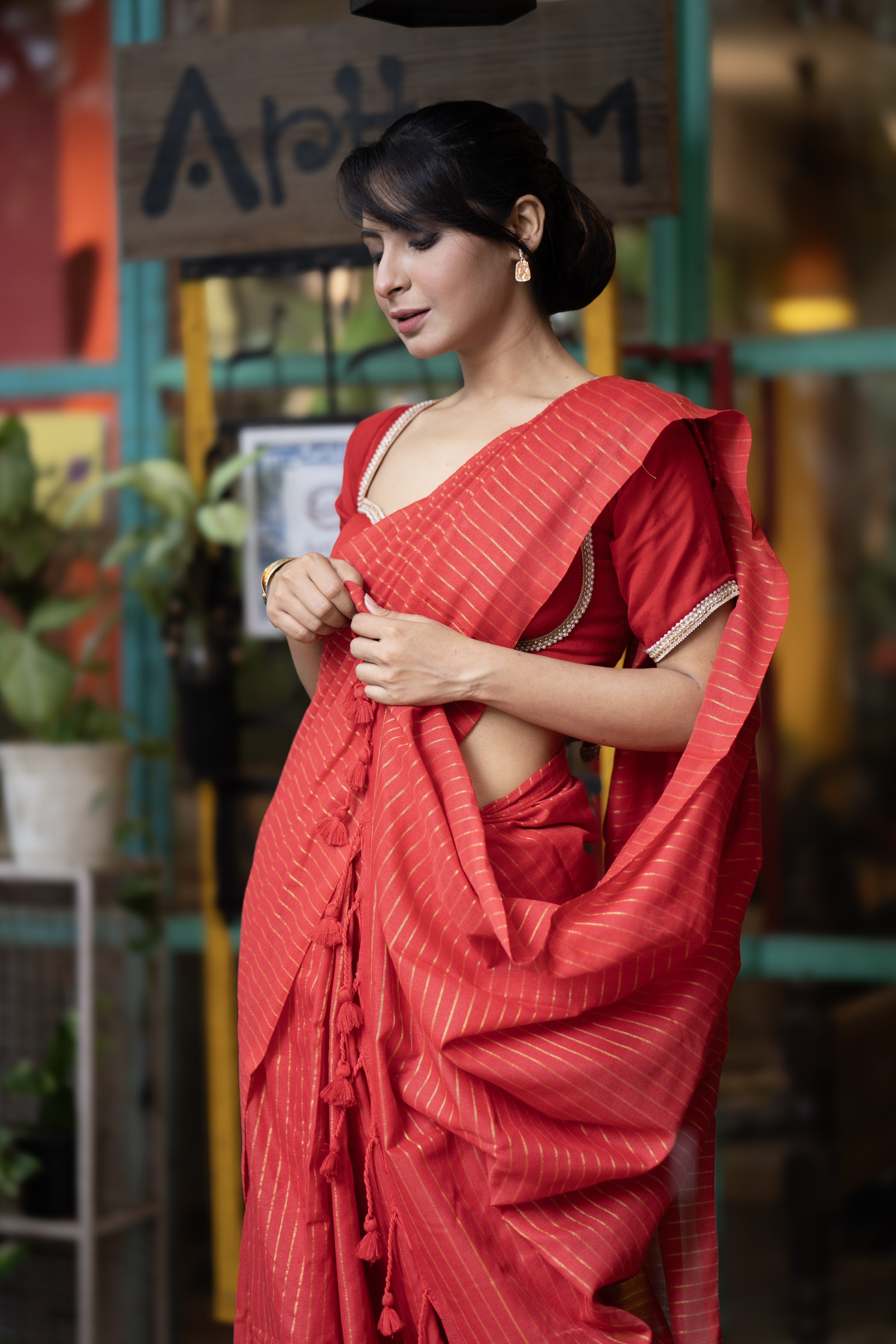 Red Khadi Cotton Golden Striped Saree