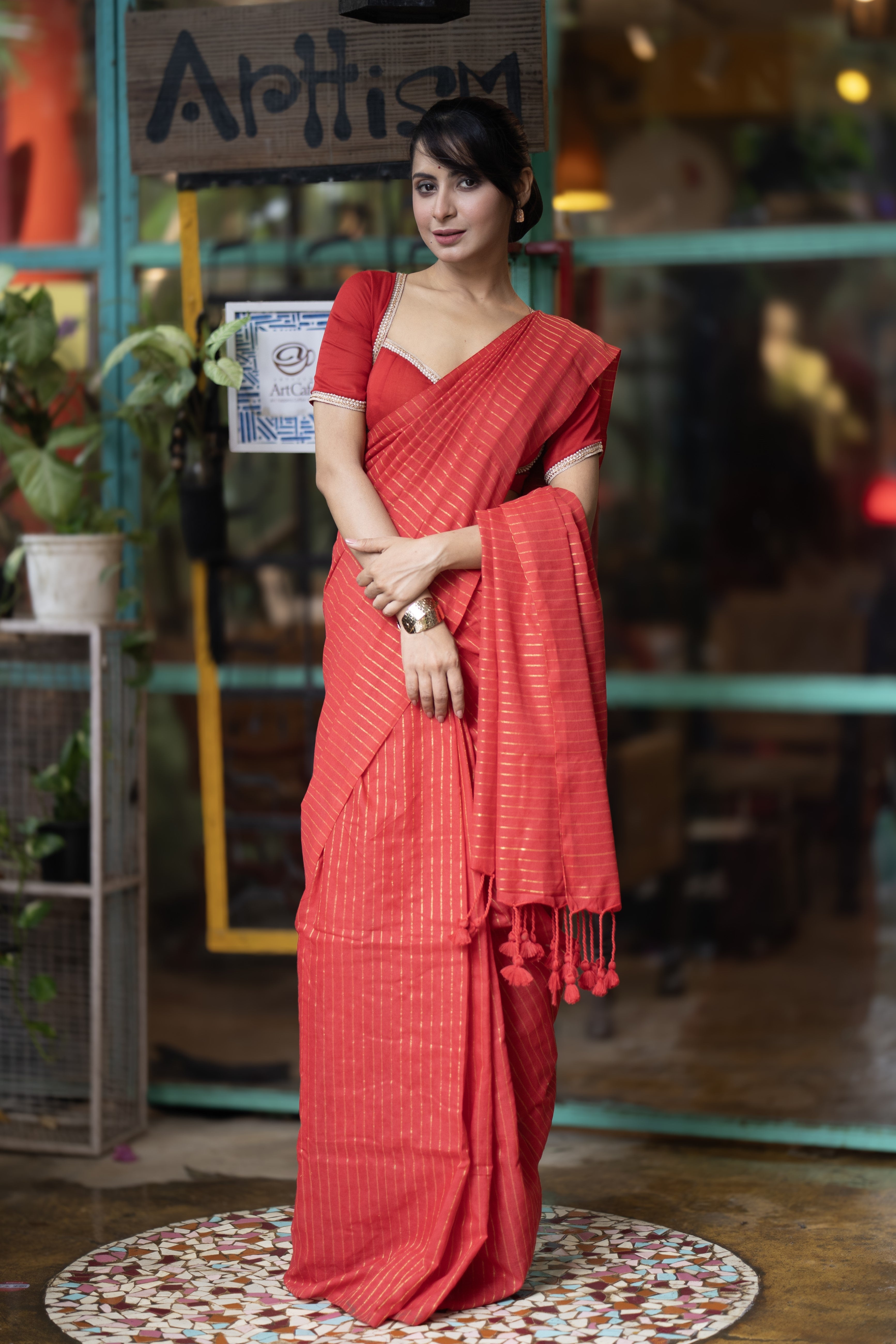 Red Khadi Cotton Golden Striped Saree