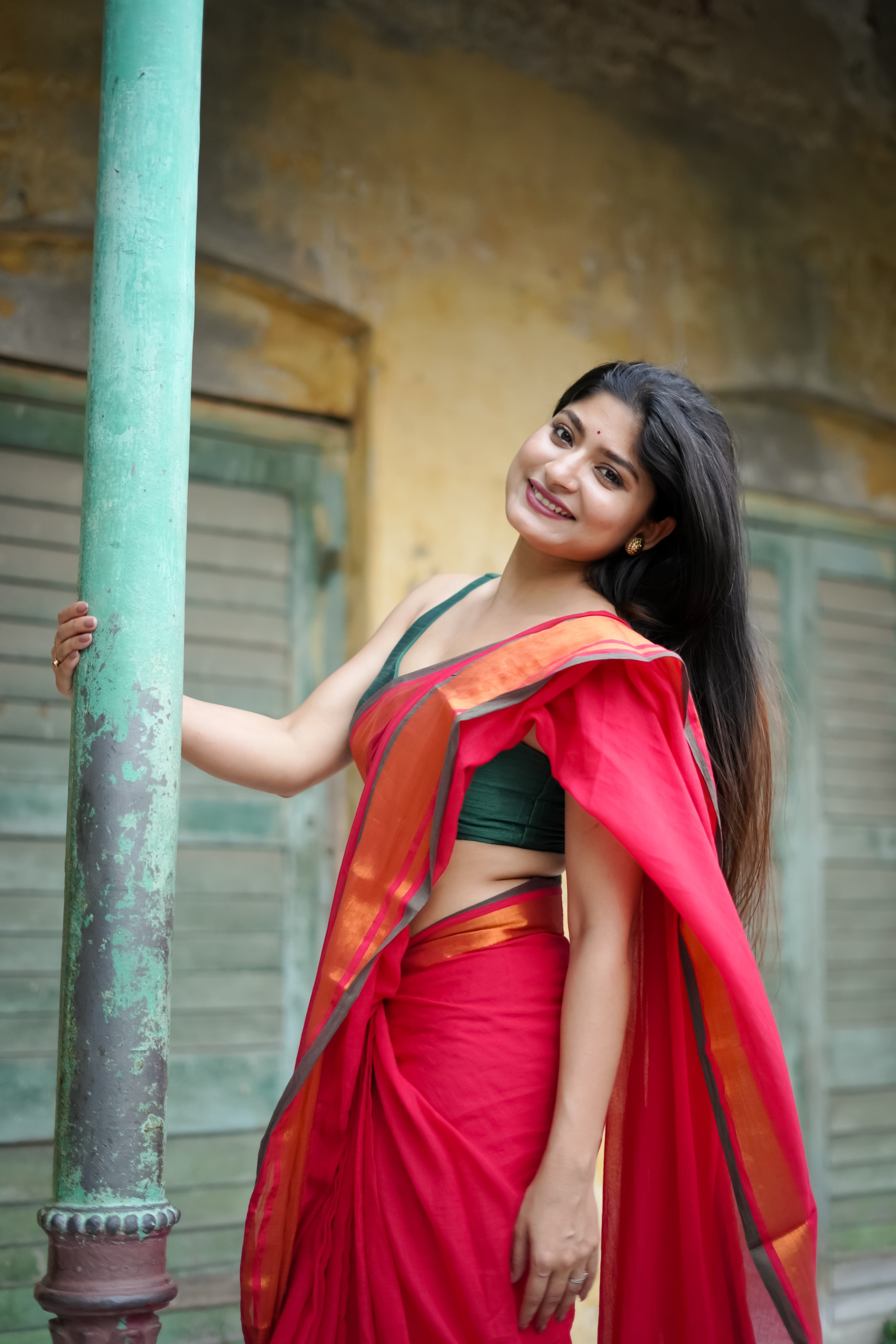 Red Mul Mul Cotton Saree With Golden Border