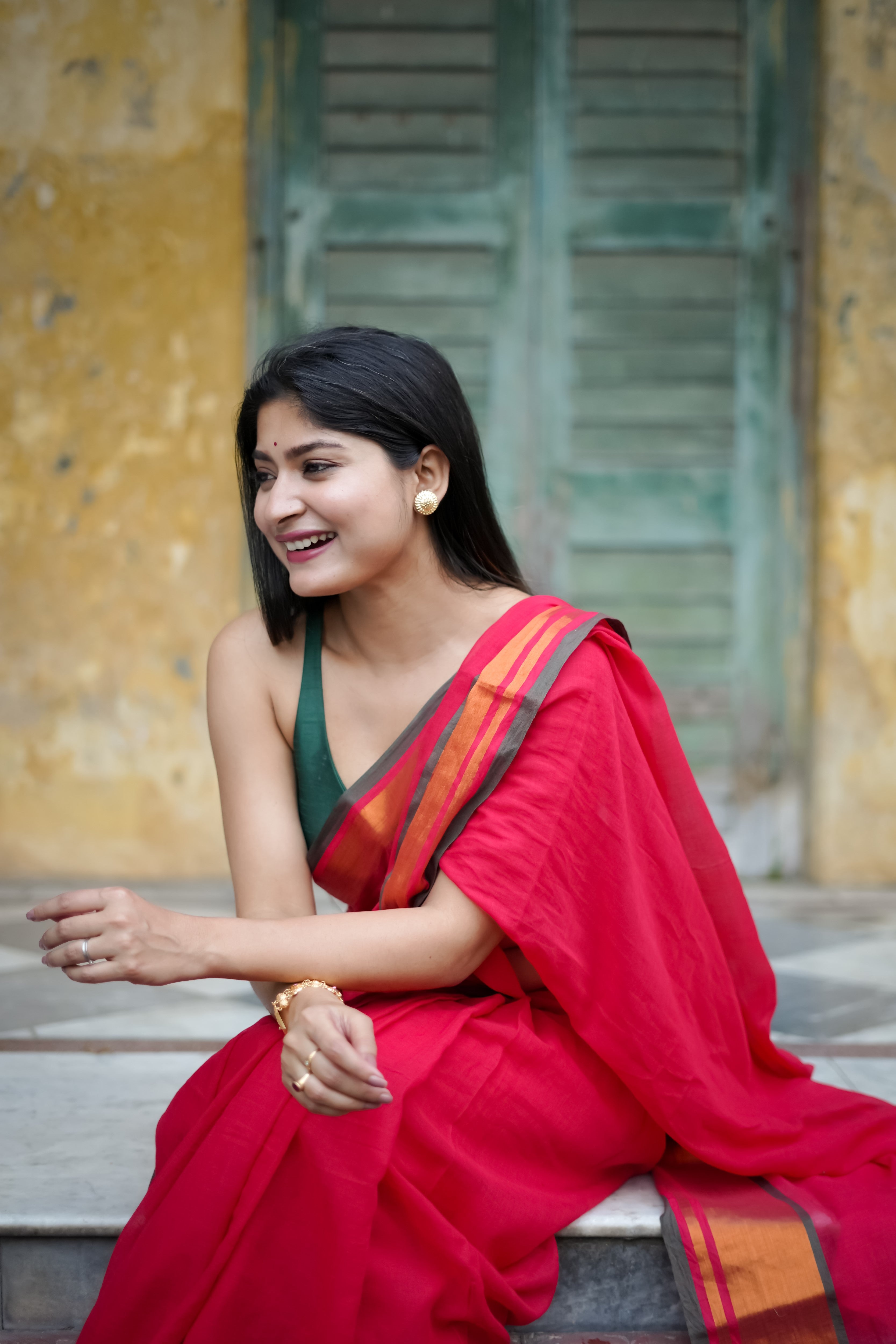 Red Mul Mul Cotton Saree With Golden Border