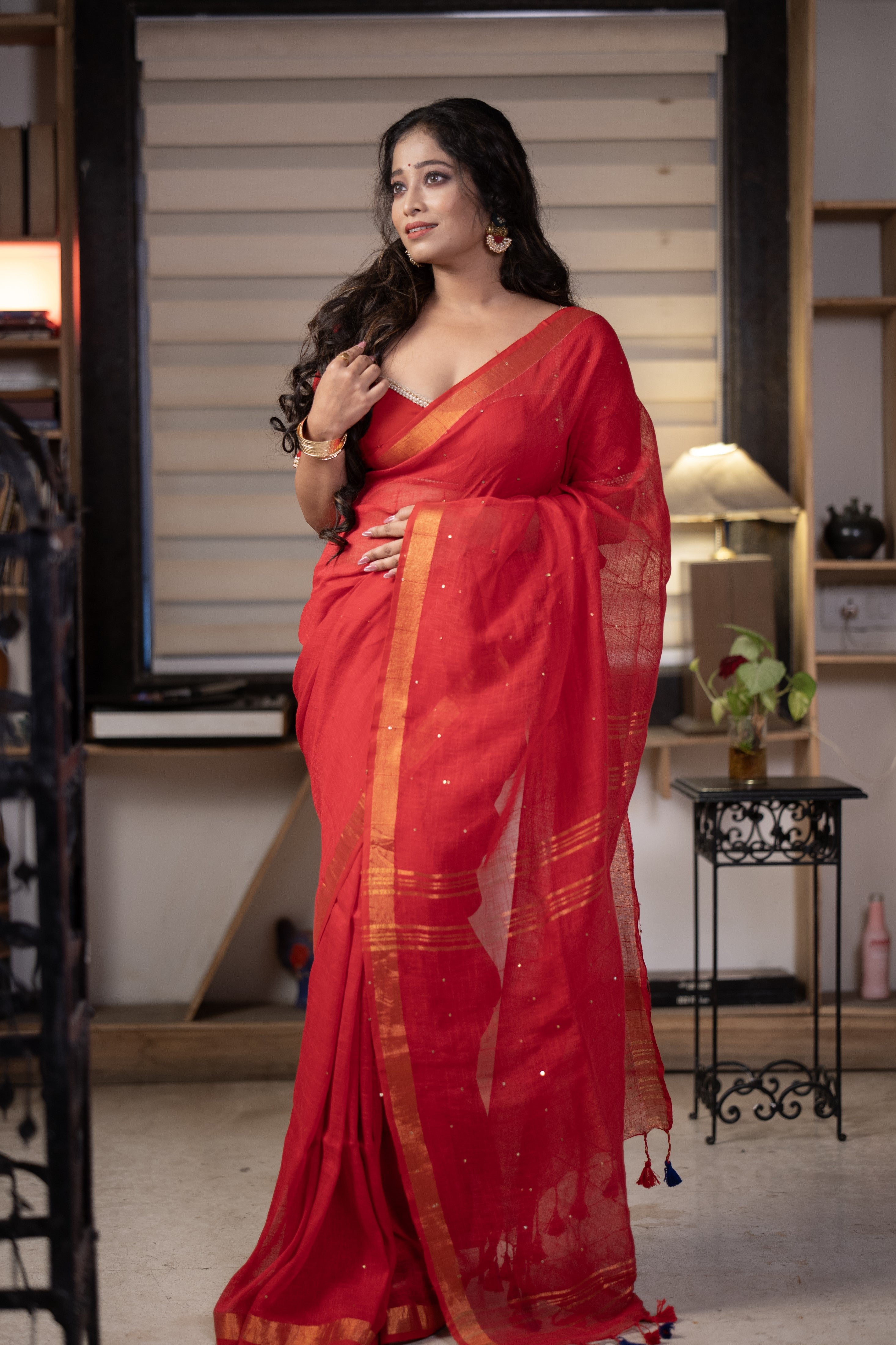 Red green Sequence Work Linen Saree