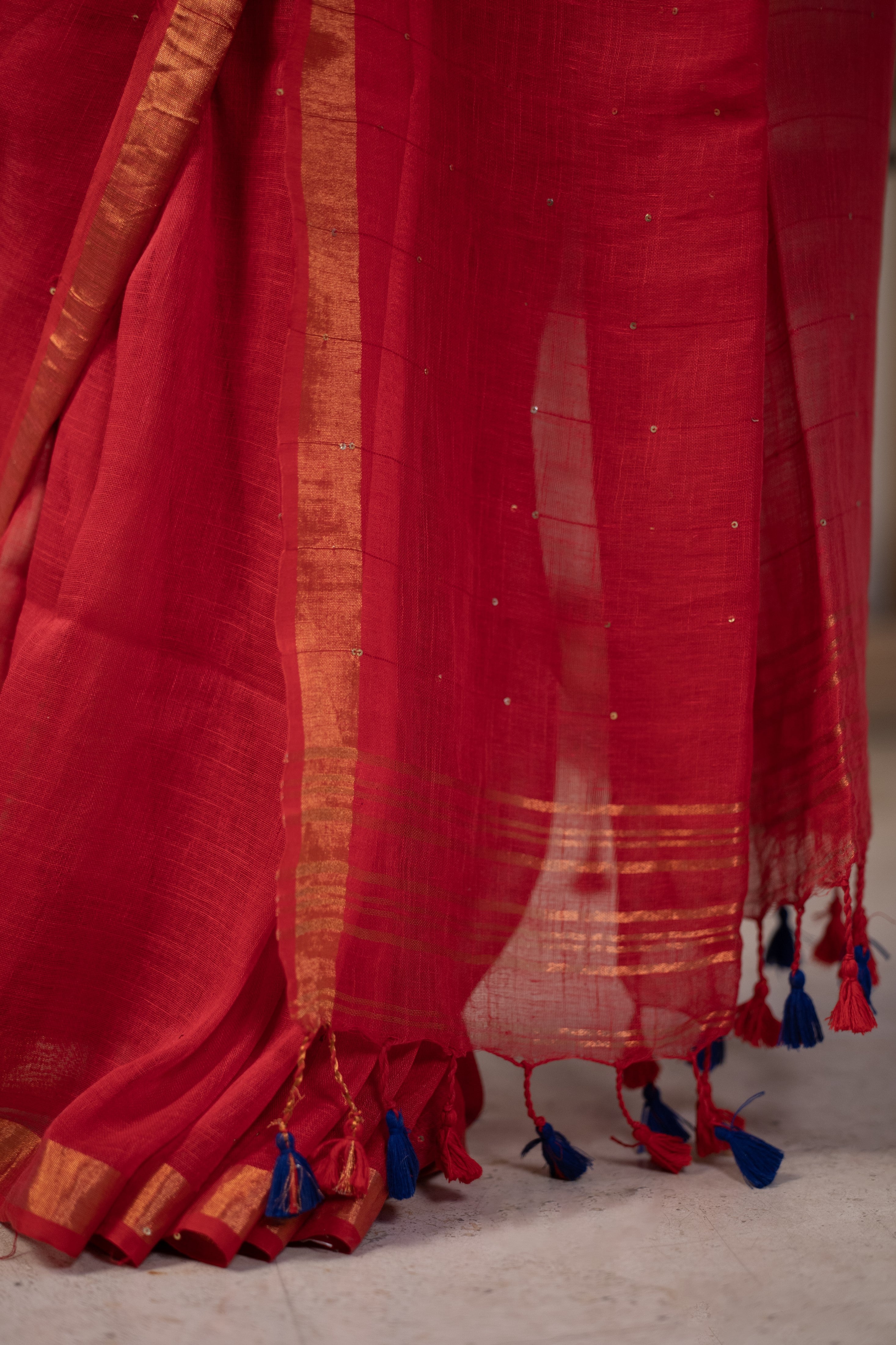 Red green Sequence Work Linen Saree