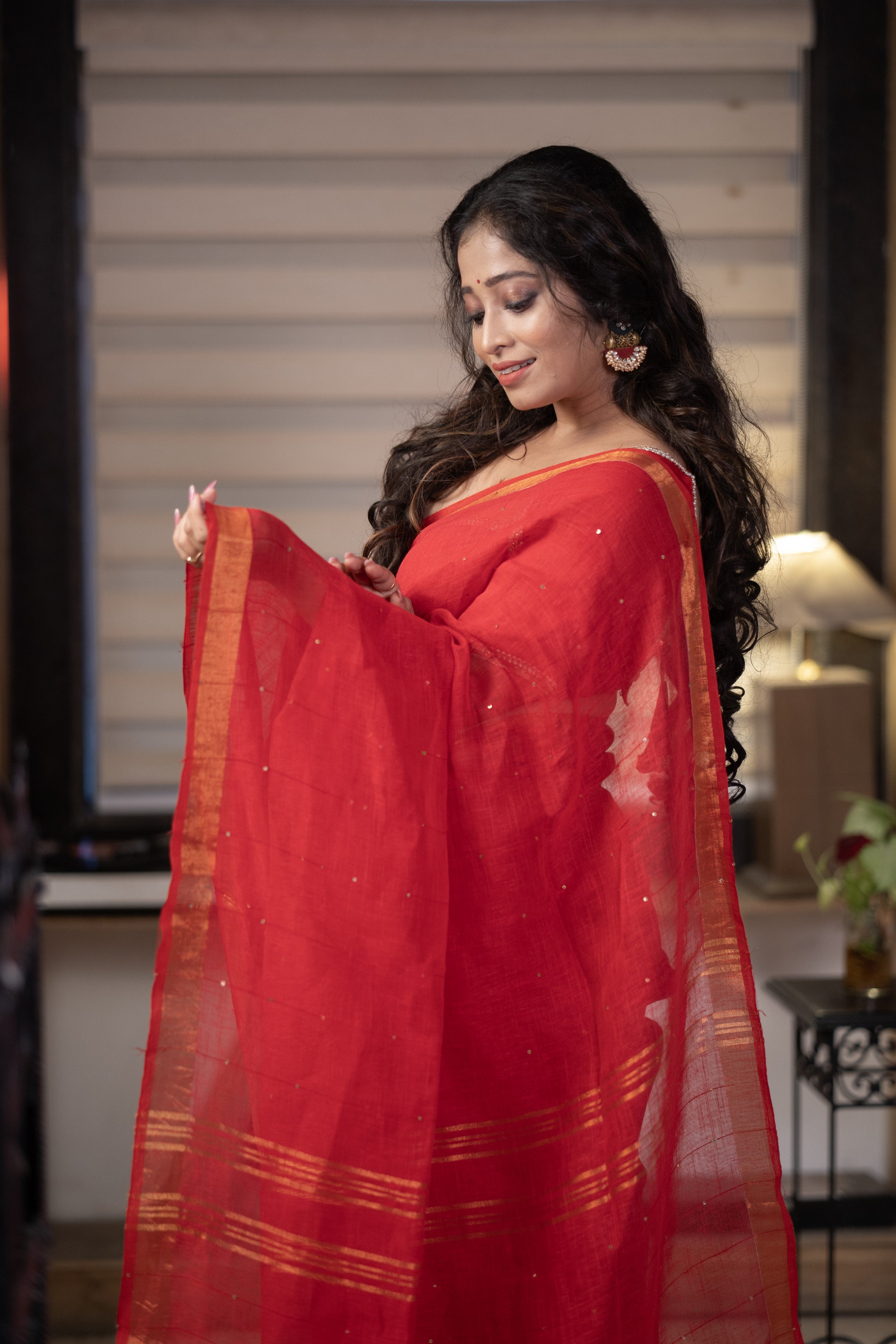 Red green Sequence Work Linen Saree