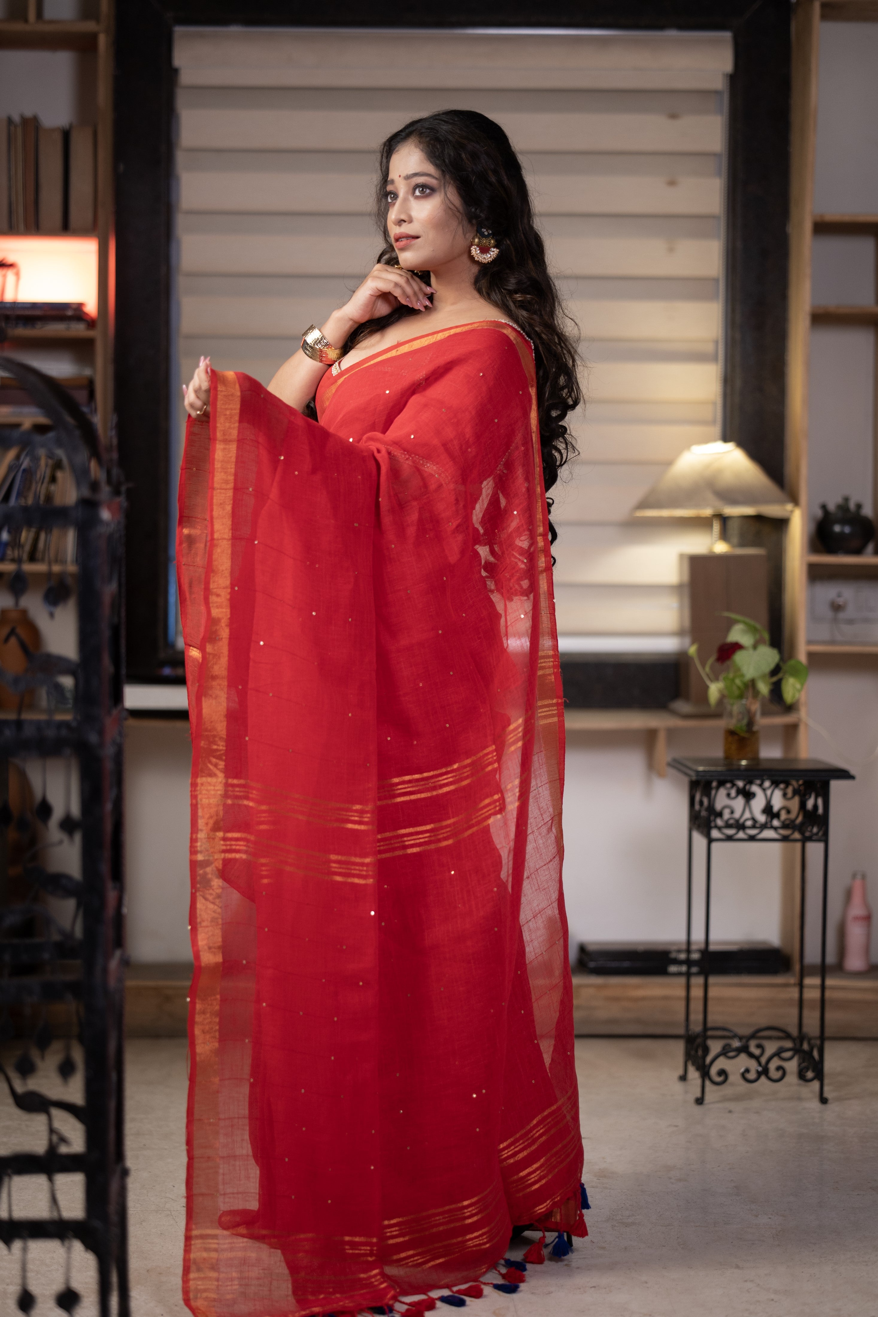 Red green Sequence Work Linen Saree