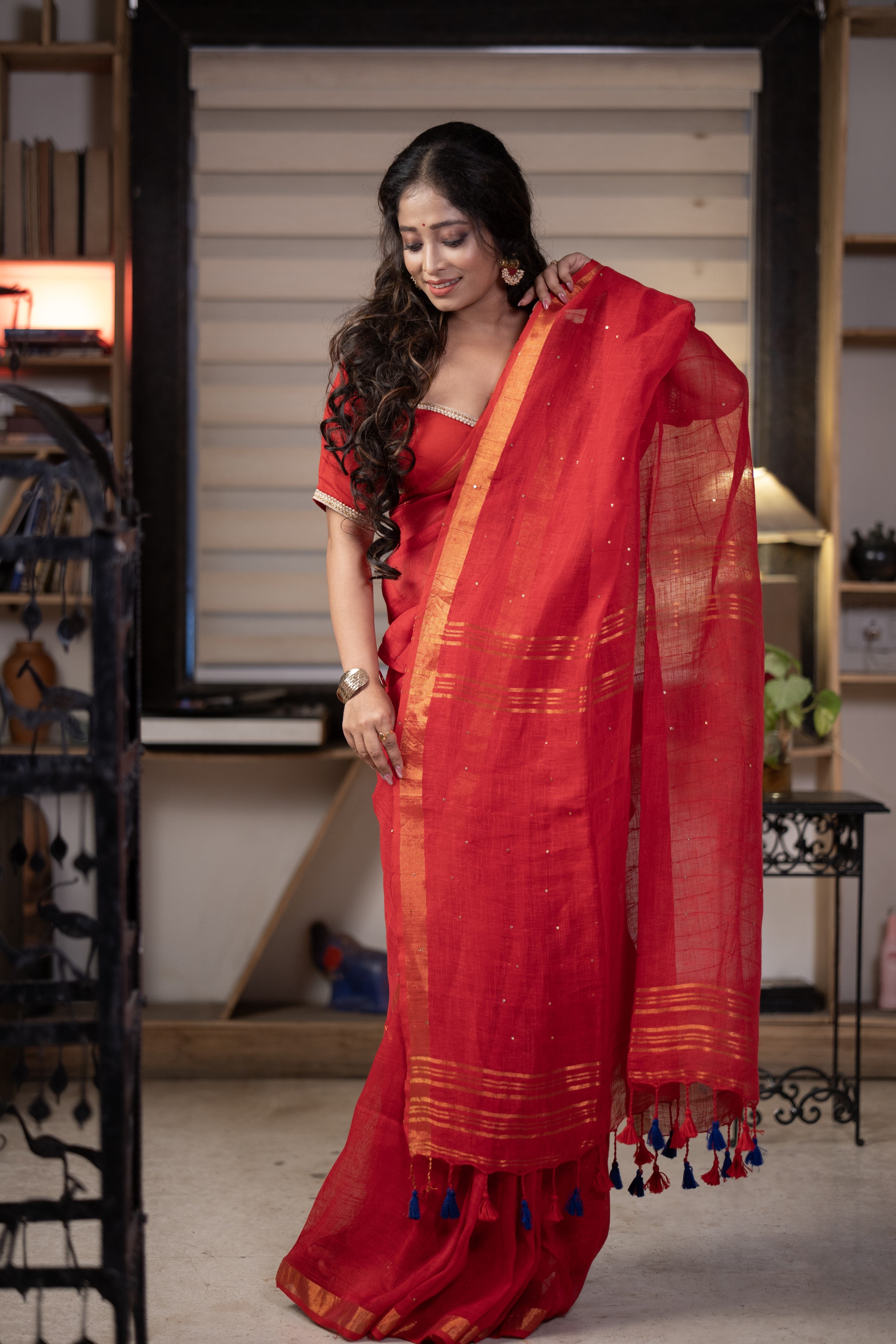 Red green Sequence Work Linen Saree