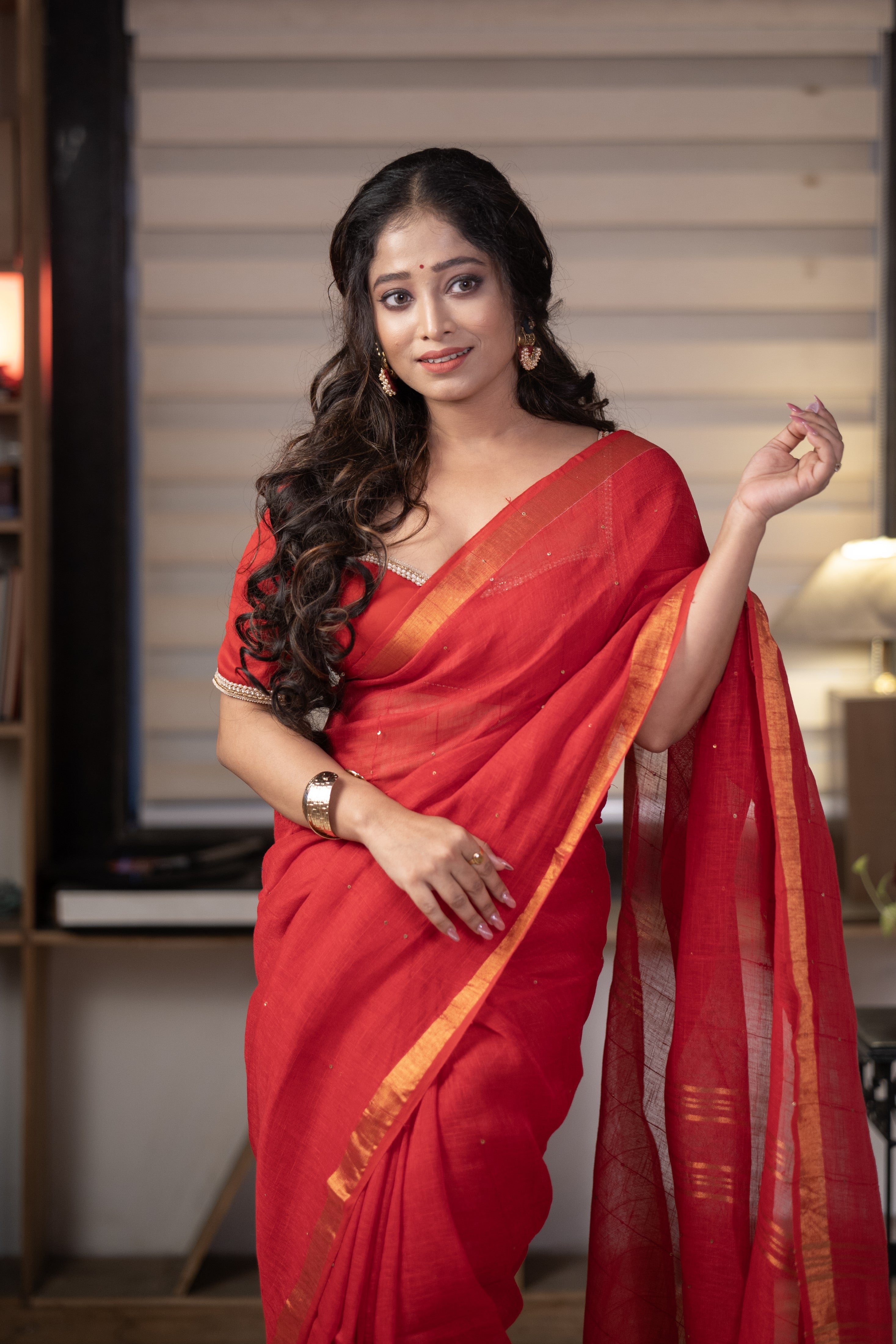 Red green Sequence Work Linen Saree