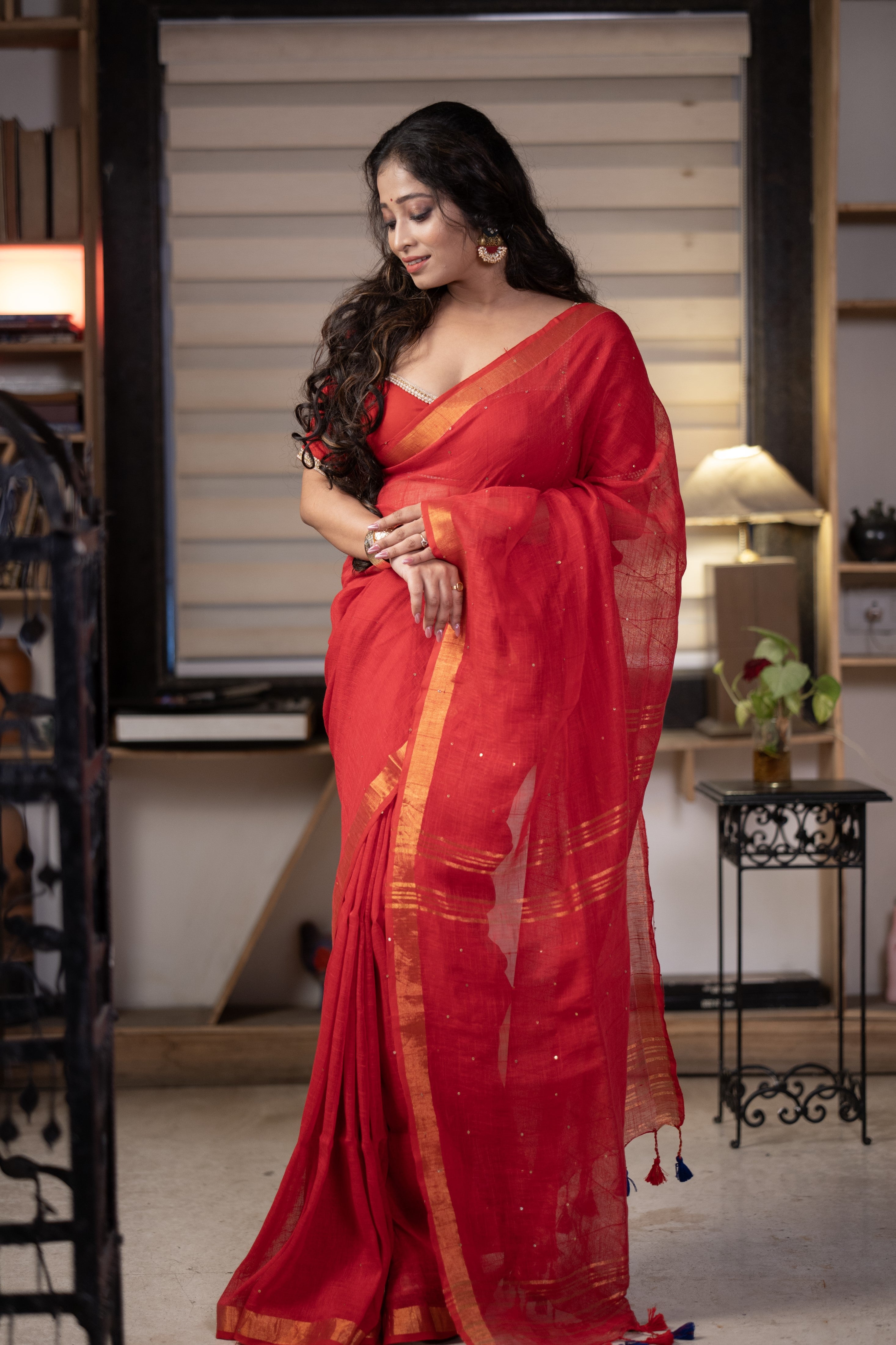 Red green Sequence Work Linen Saree