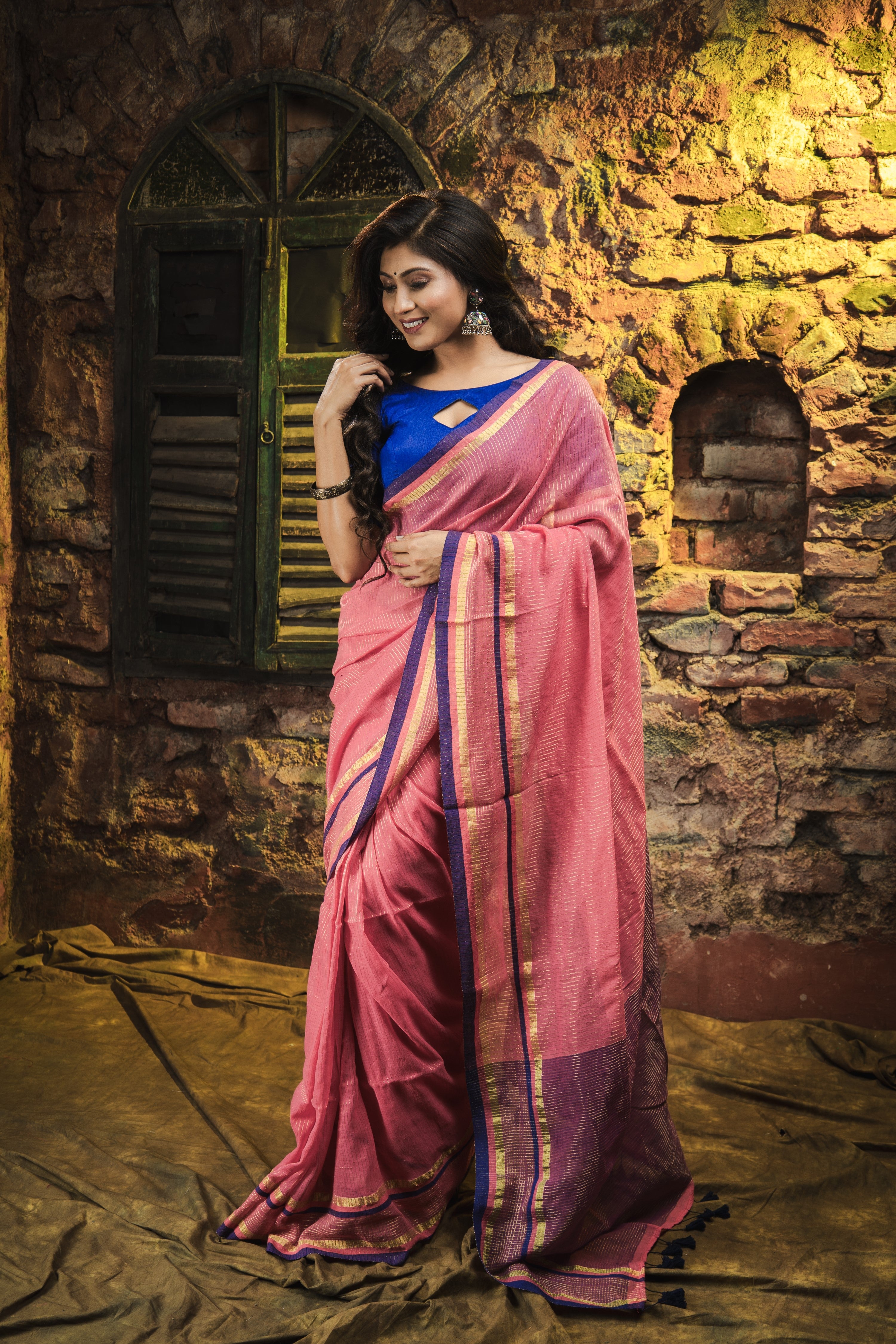 Golden Check Mulmul Cotton Saree- Rose Pink