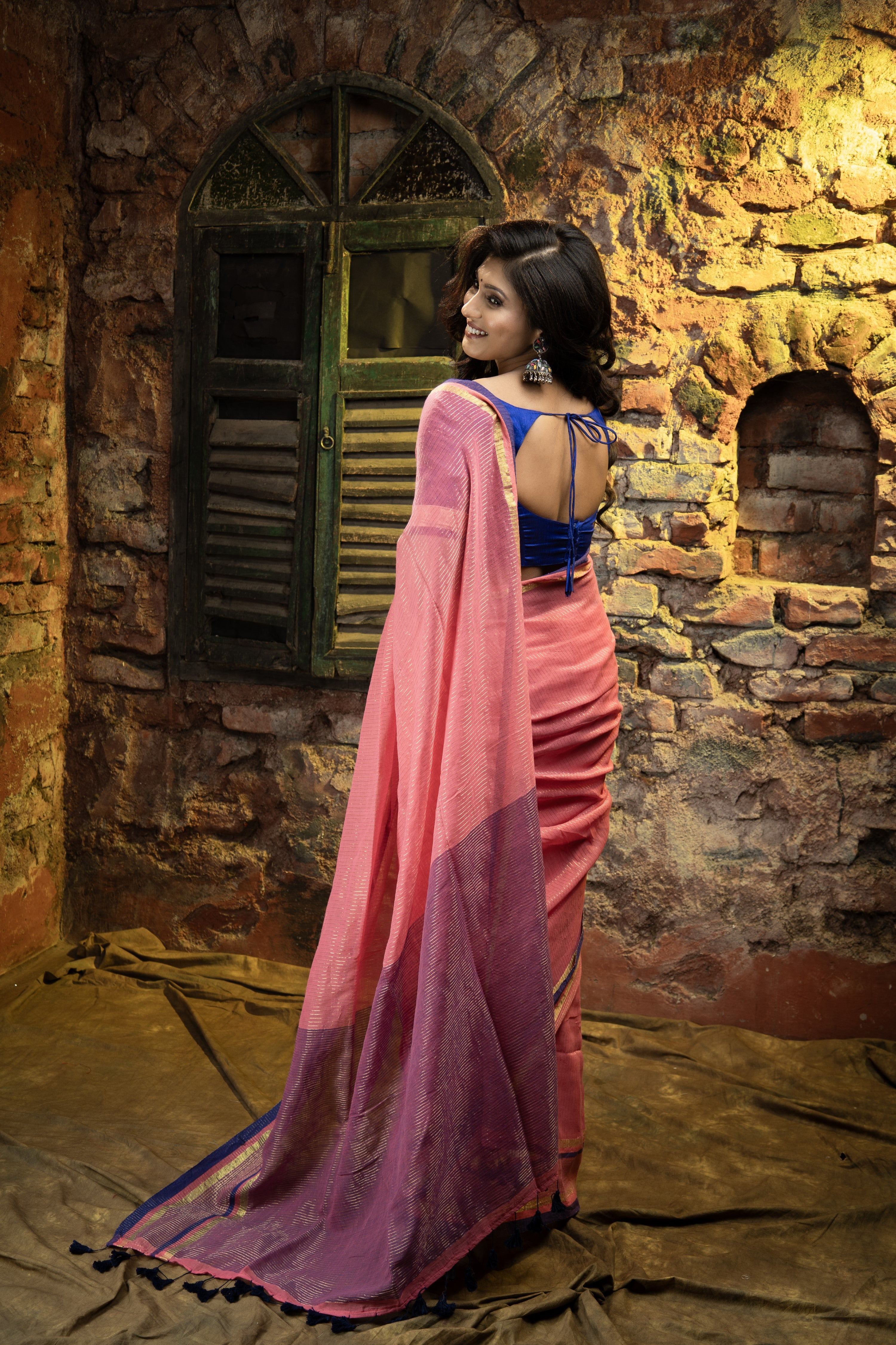 Golden Check Mulmul Cotton Saree- Rose Pink