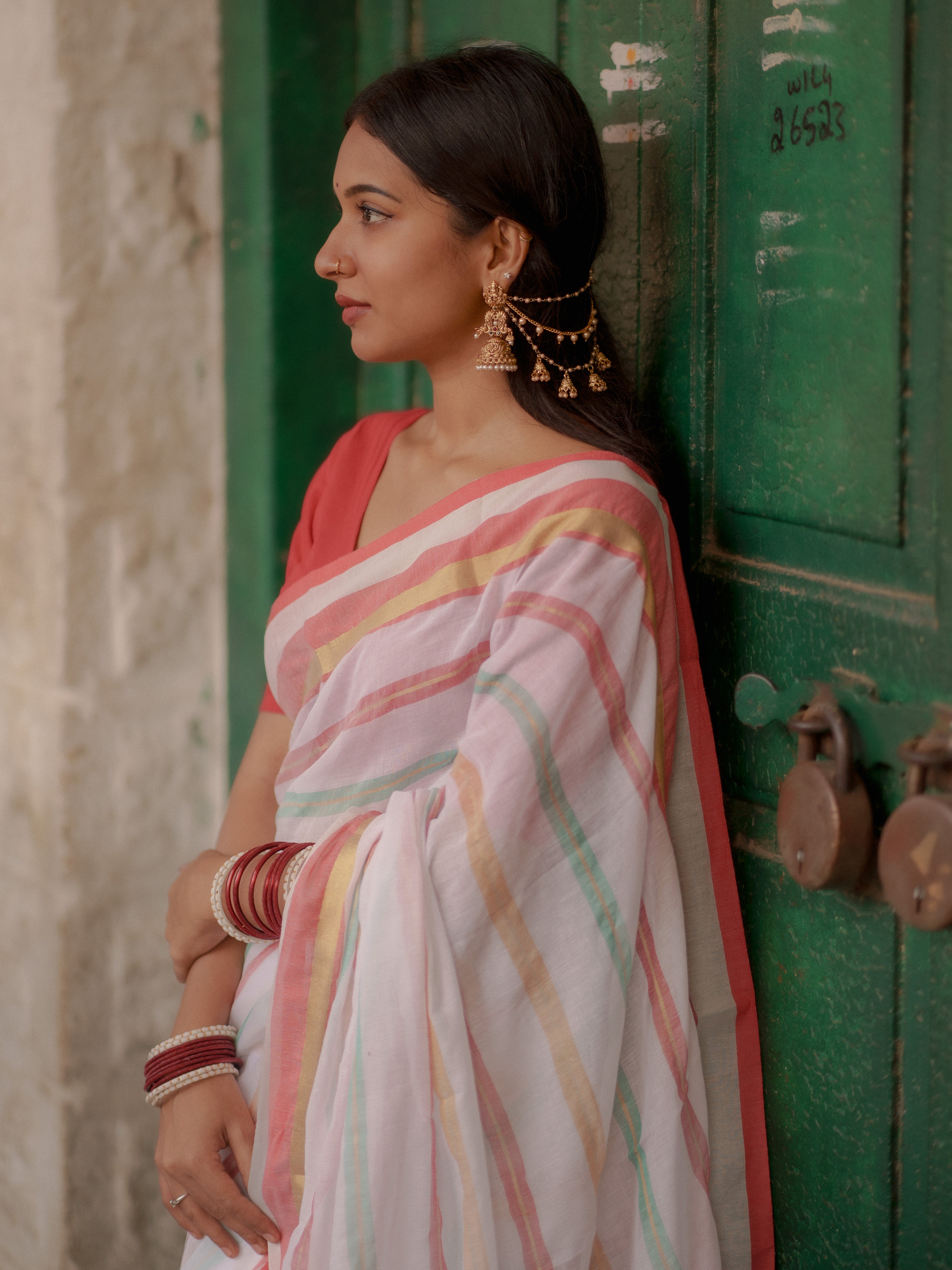 White and Red Striped Mul Mul Cotton Saree