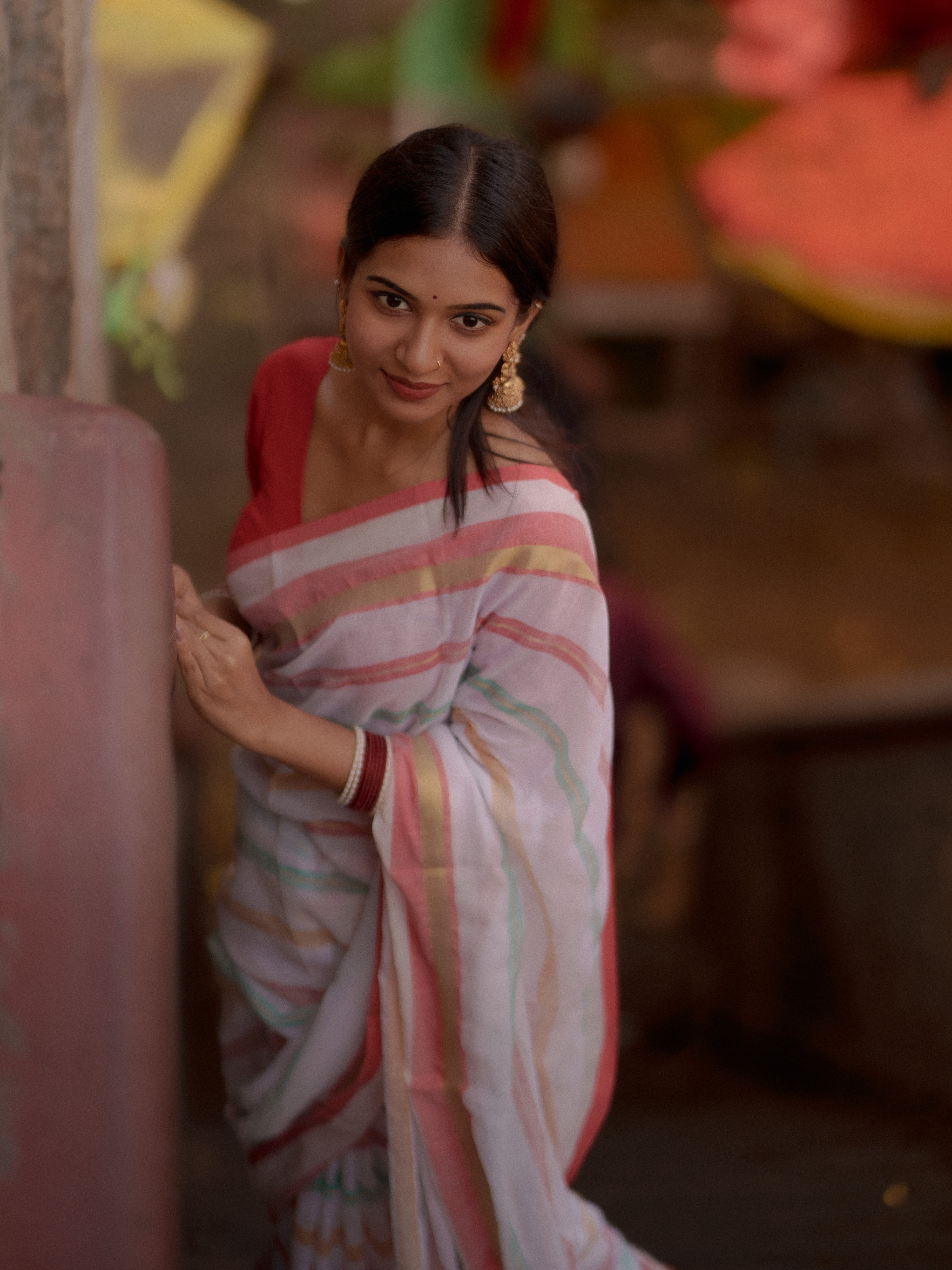 White and Red Striped Mul Mul Cotton Saree