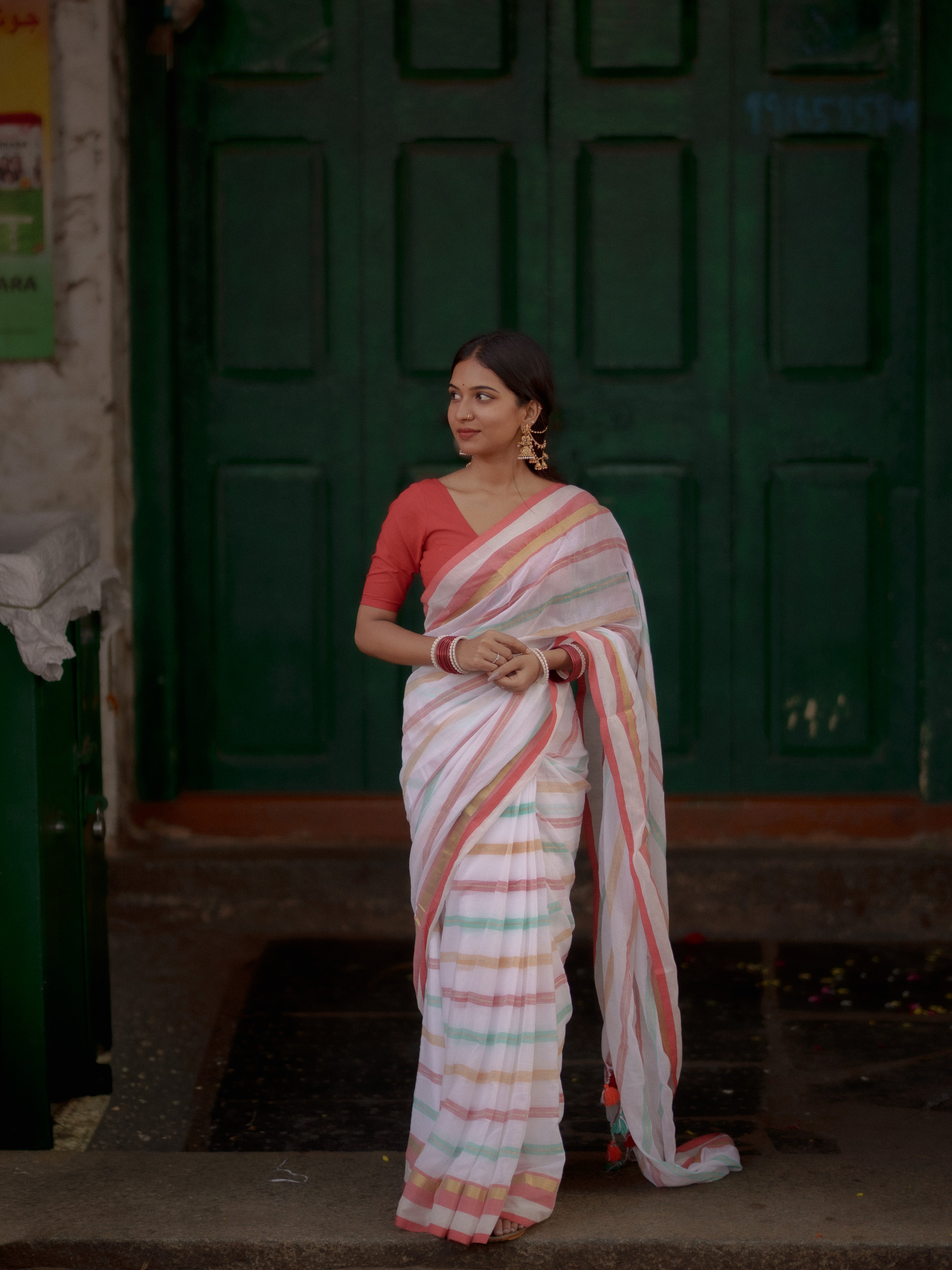 White and Red Striped Mul Mul Cotton Saree