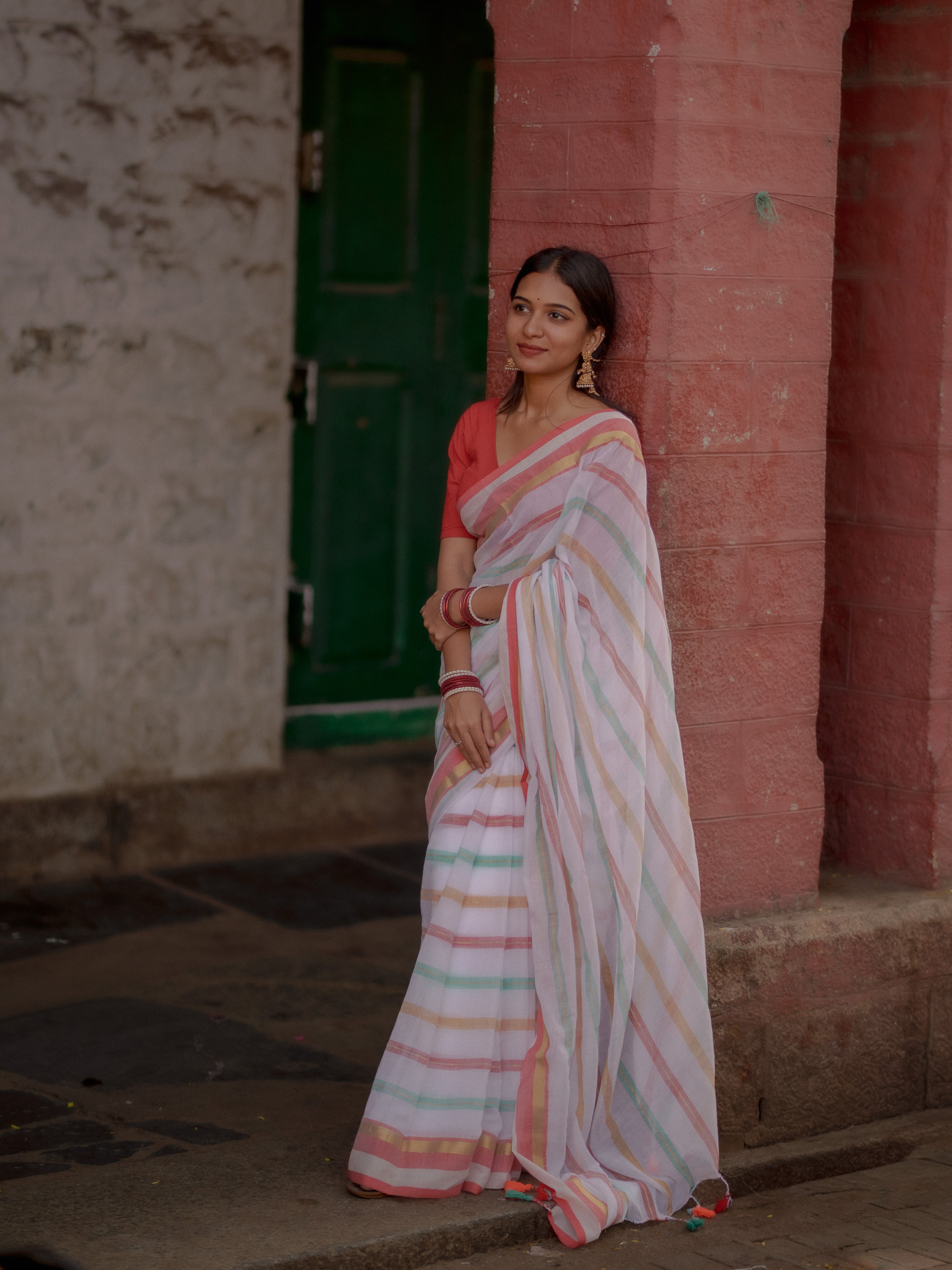 White and Red Striped Mul Mul Cotton Saree