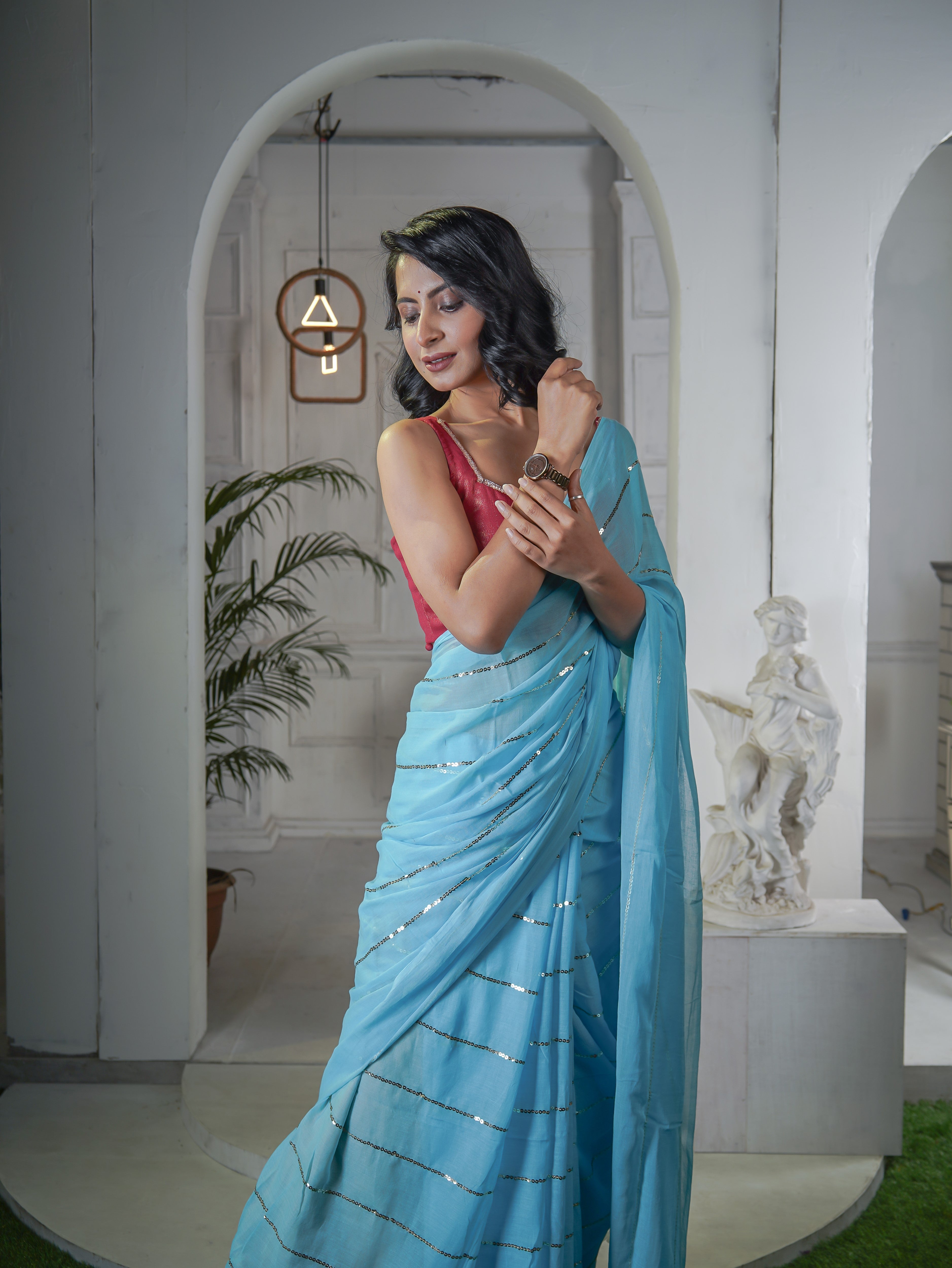 Sky Blue Mulmul Cotton Saree All Over Sequence Work