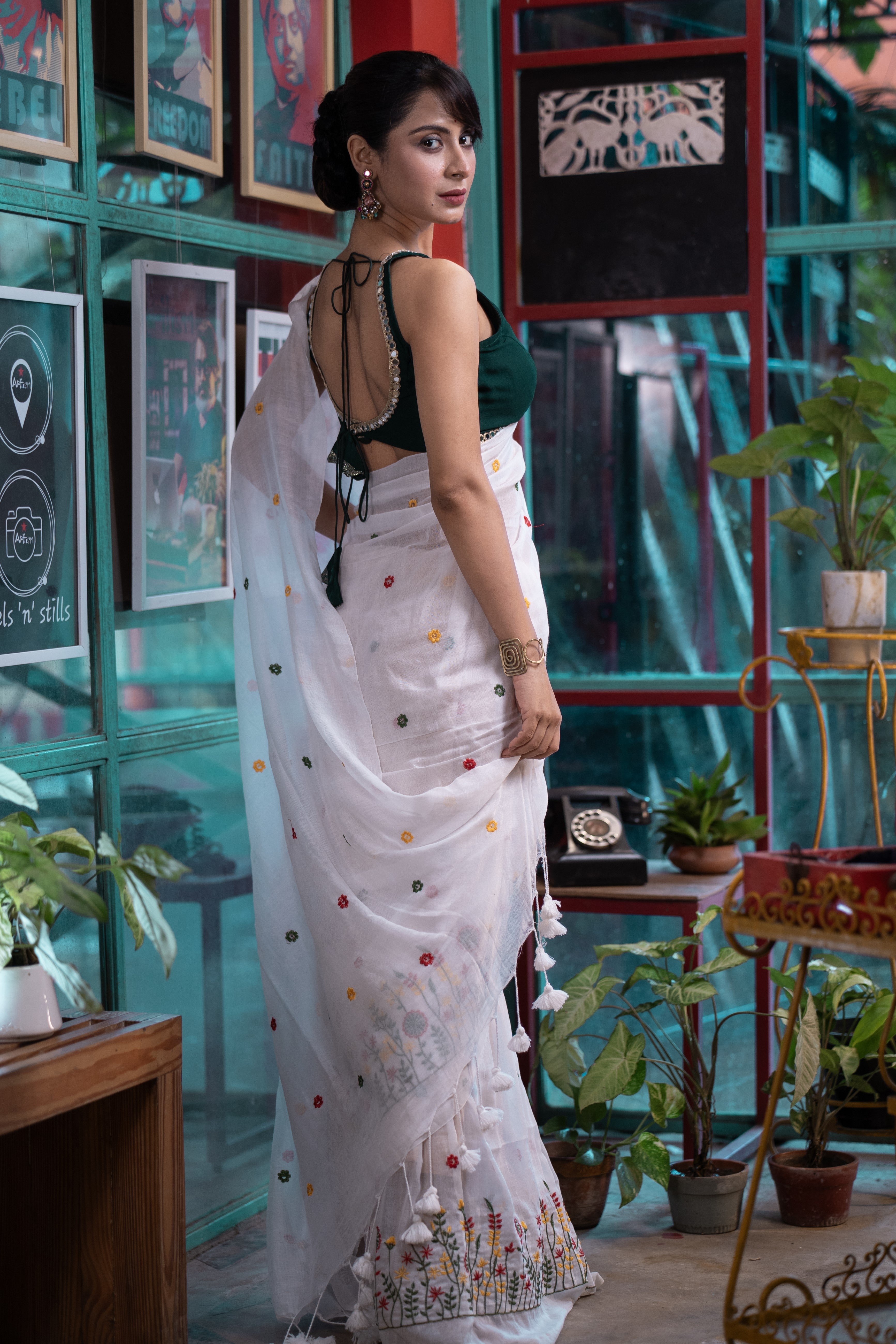 Mul Mul Cotton Embroidery Saree-White