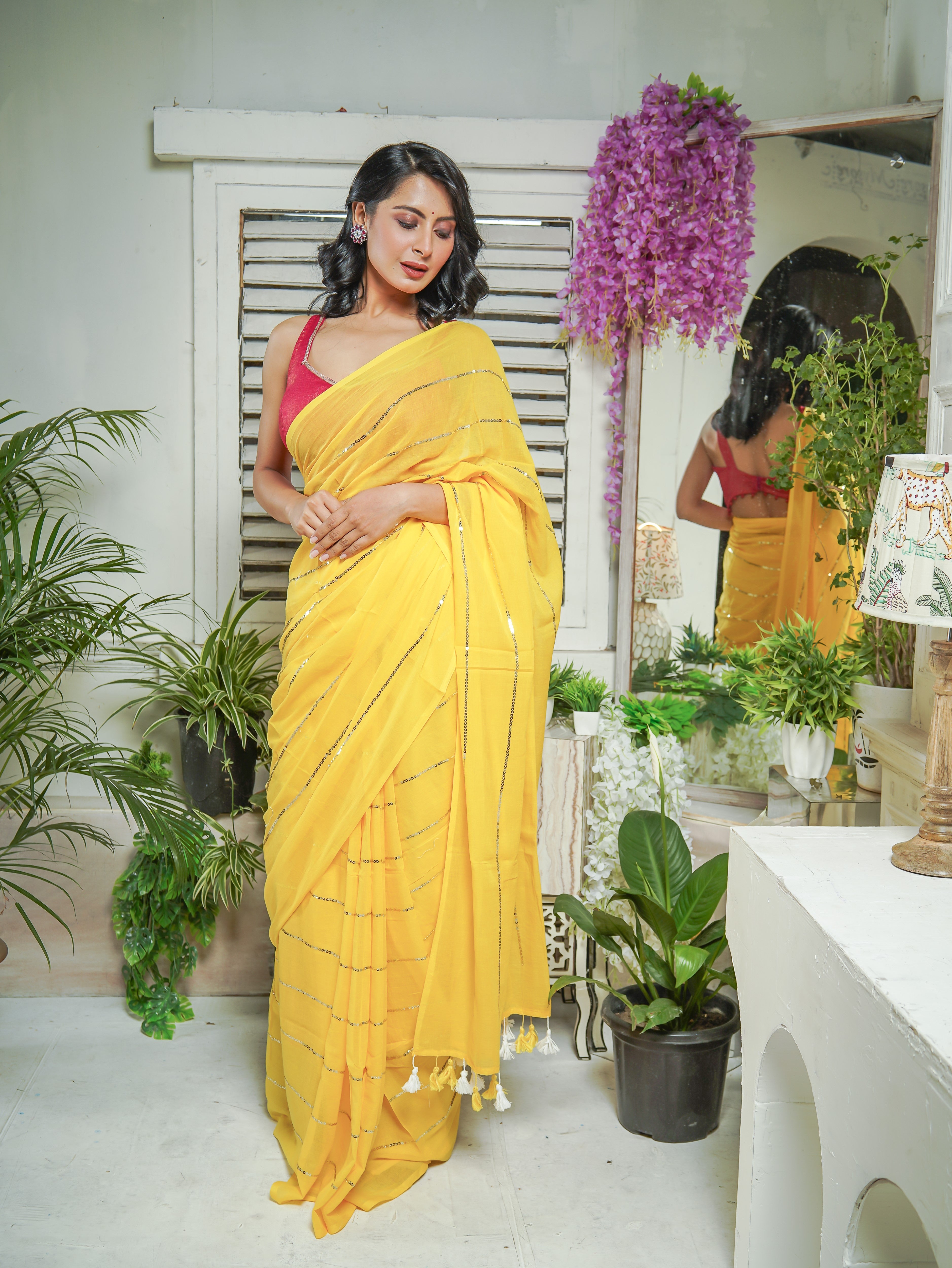 Yellow Mulmul Cotton Saree All Over Sequence Work