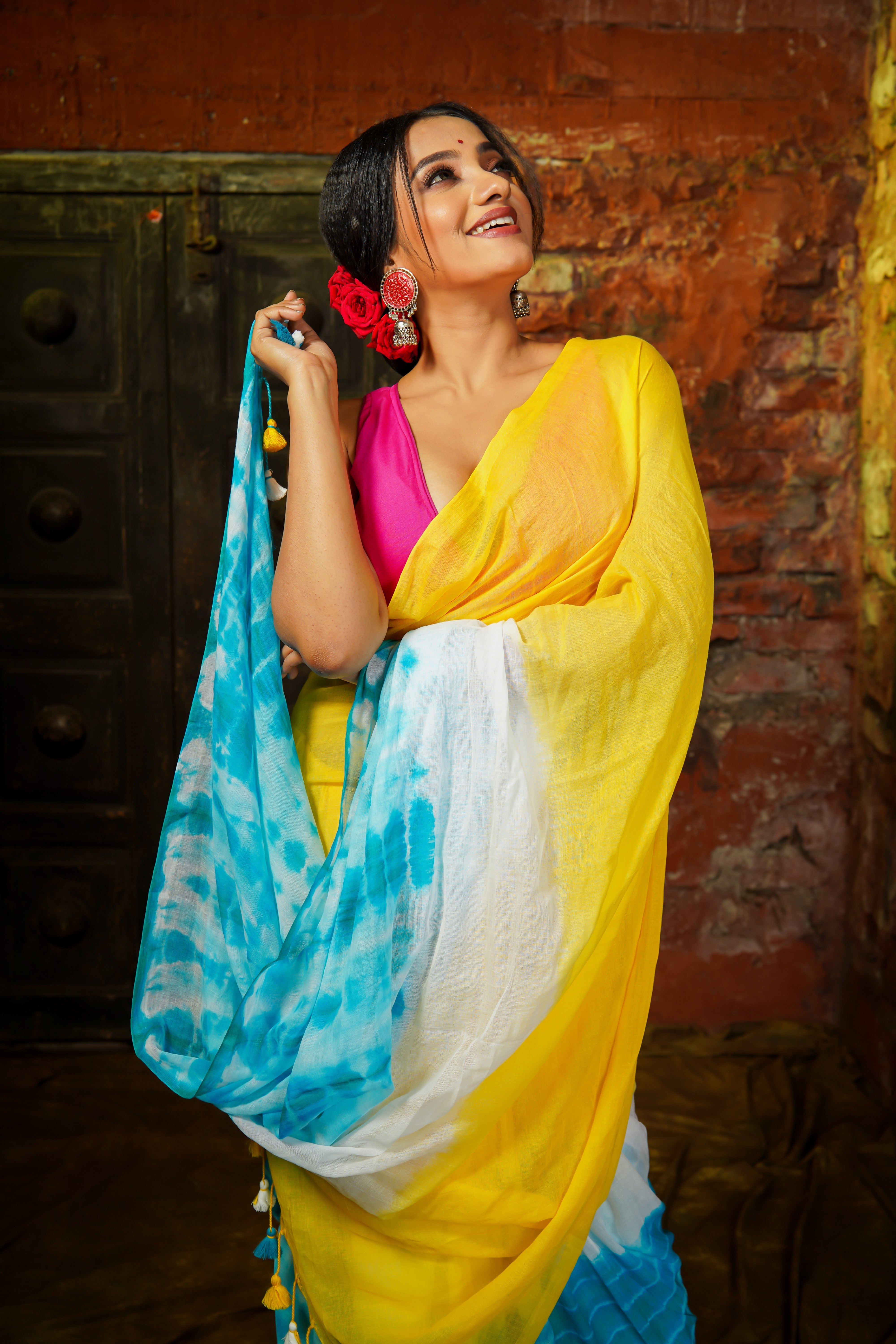 Yellow Multi Shibori Mul Mul Cotton Saree