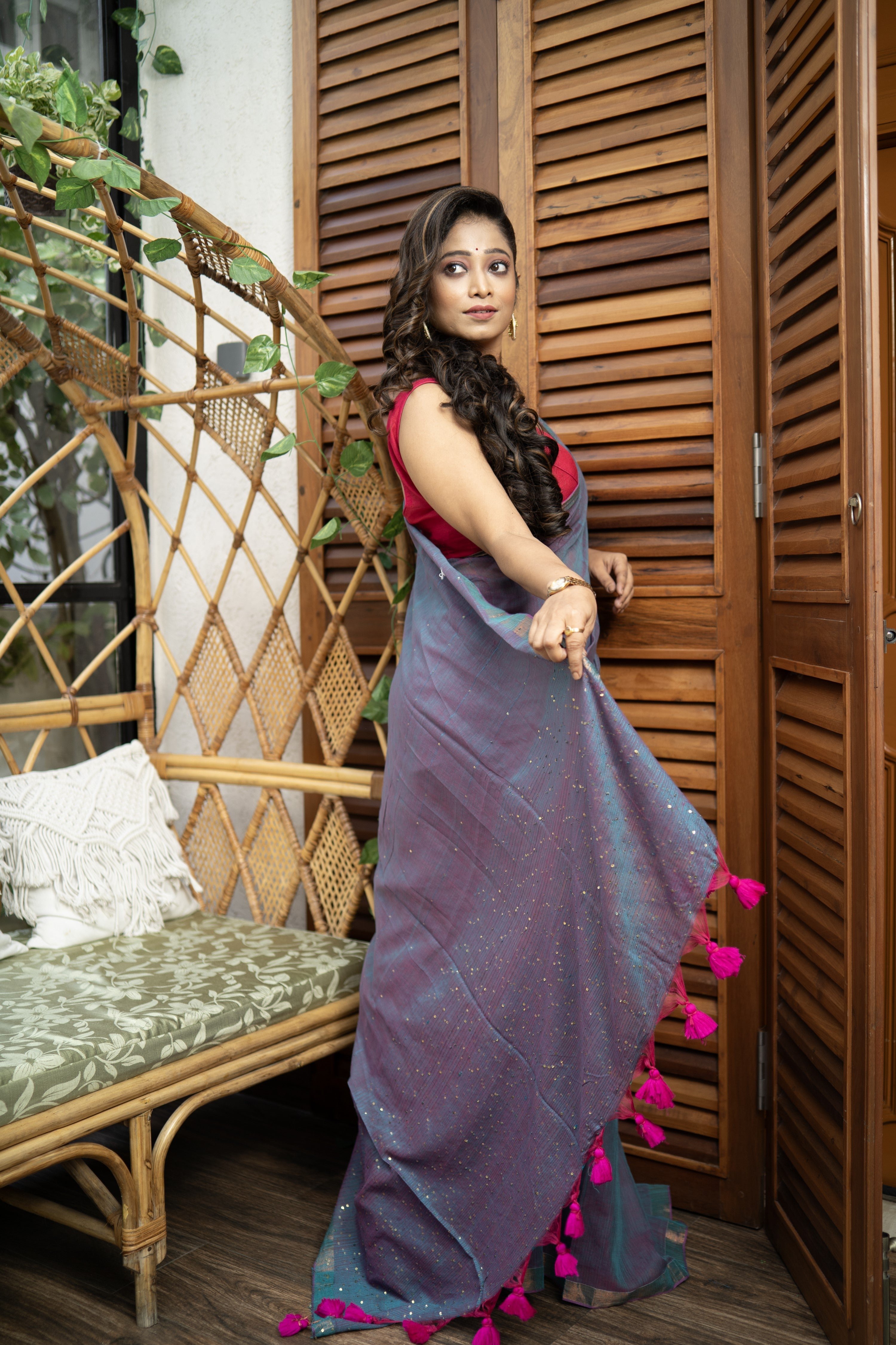 Dual Tone Mulmul Saree with Sequence Work - Blue Rani