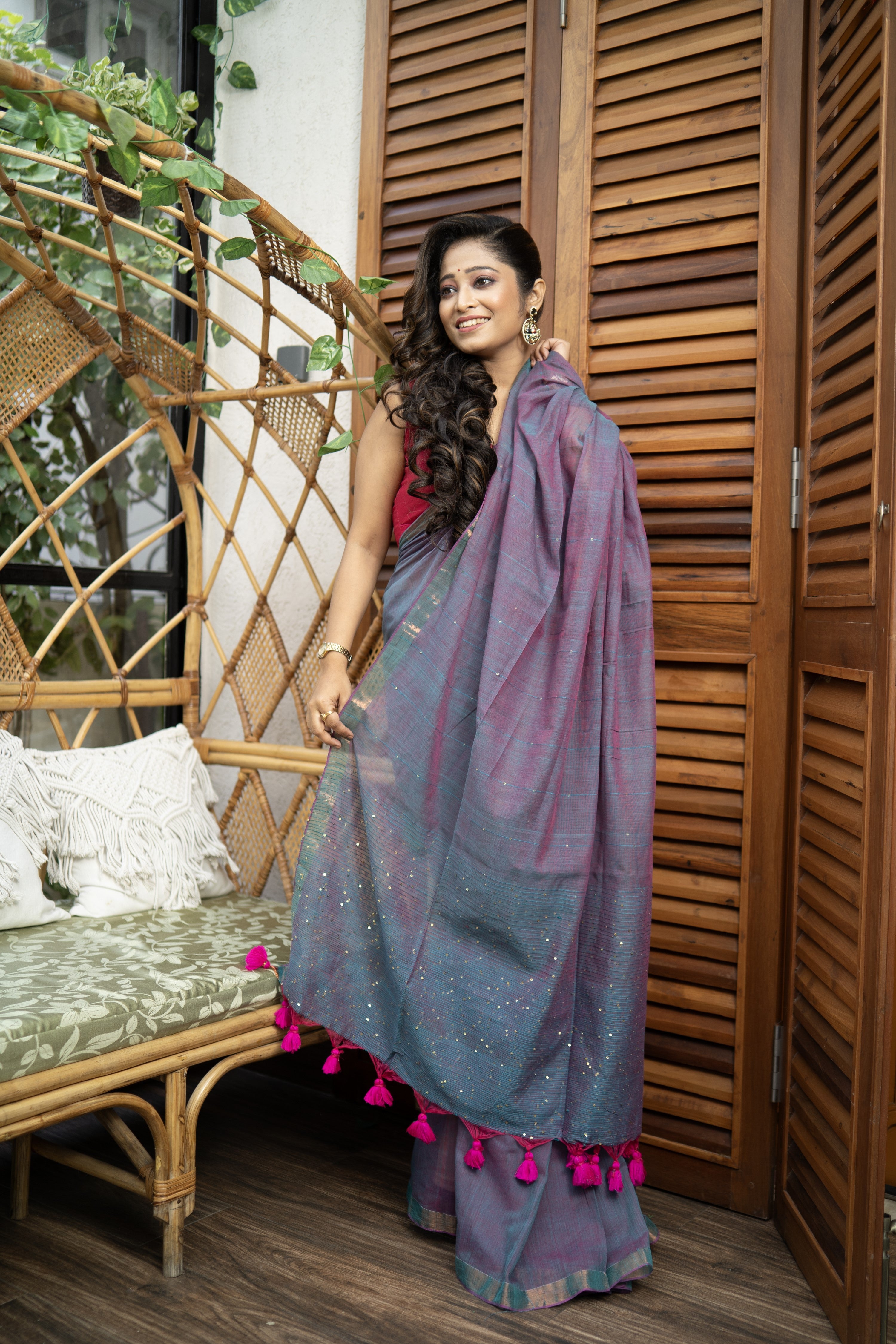 Mohini sequence work Dual Tone Mulmul Saree - Blue Rani
