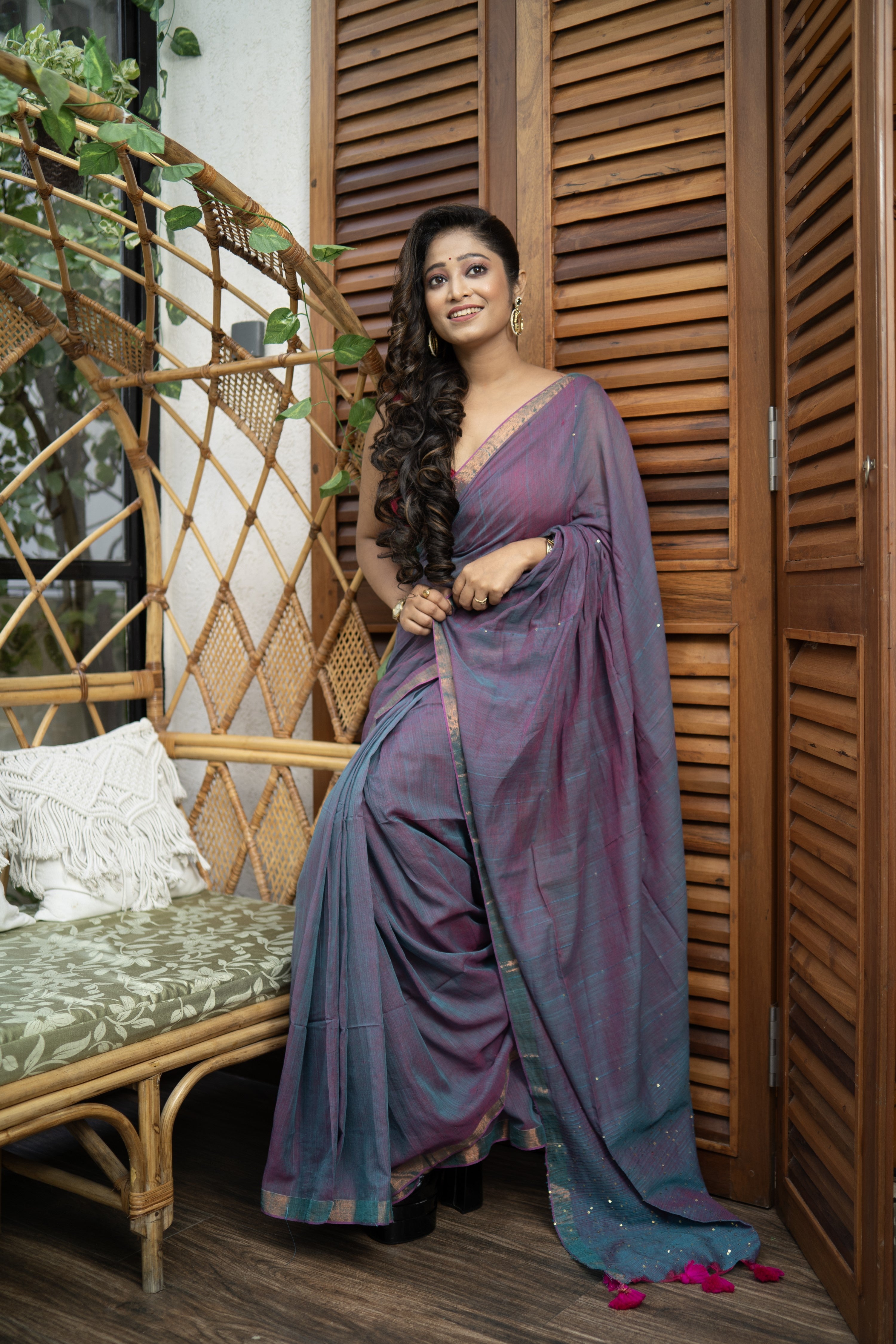 Dual Tone Mulmul Saree with Sequence Work - Blue Rani