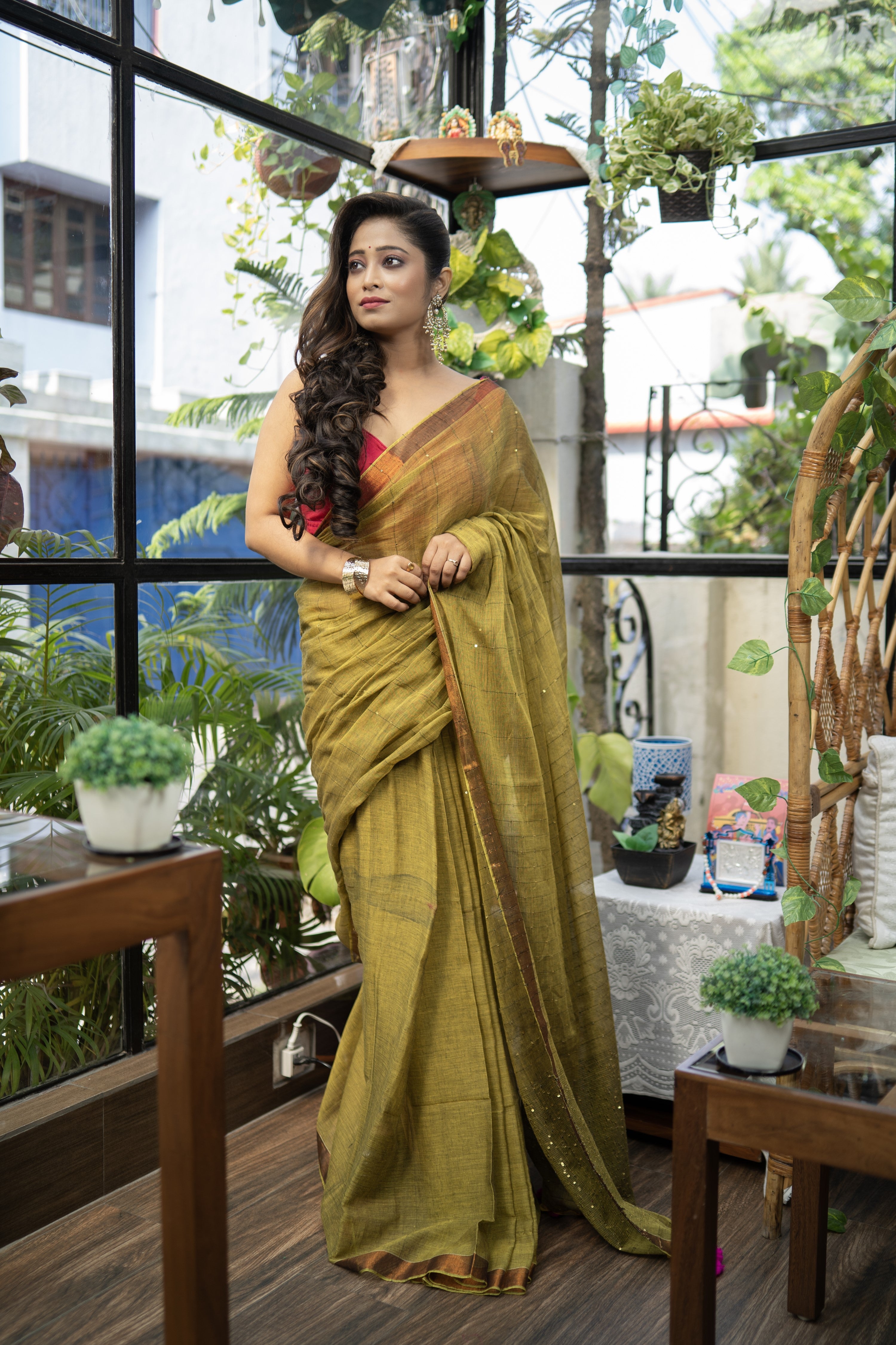 Mulmul Cotton Saree with Sequence Work - Olive Green