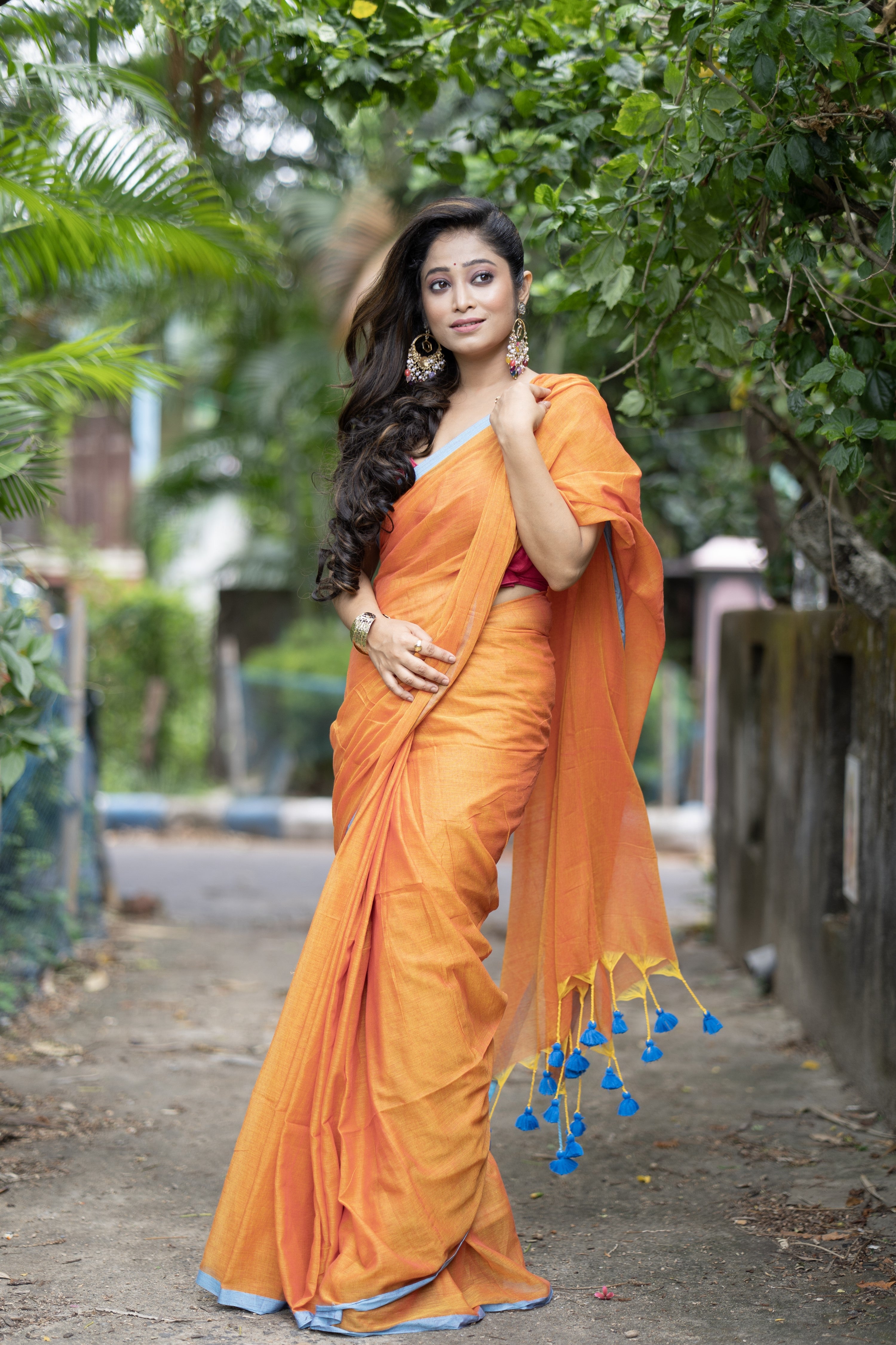 Meher Pure Mulmul Cotton Saree - Orange
