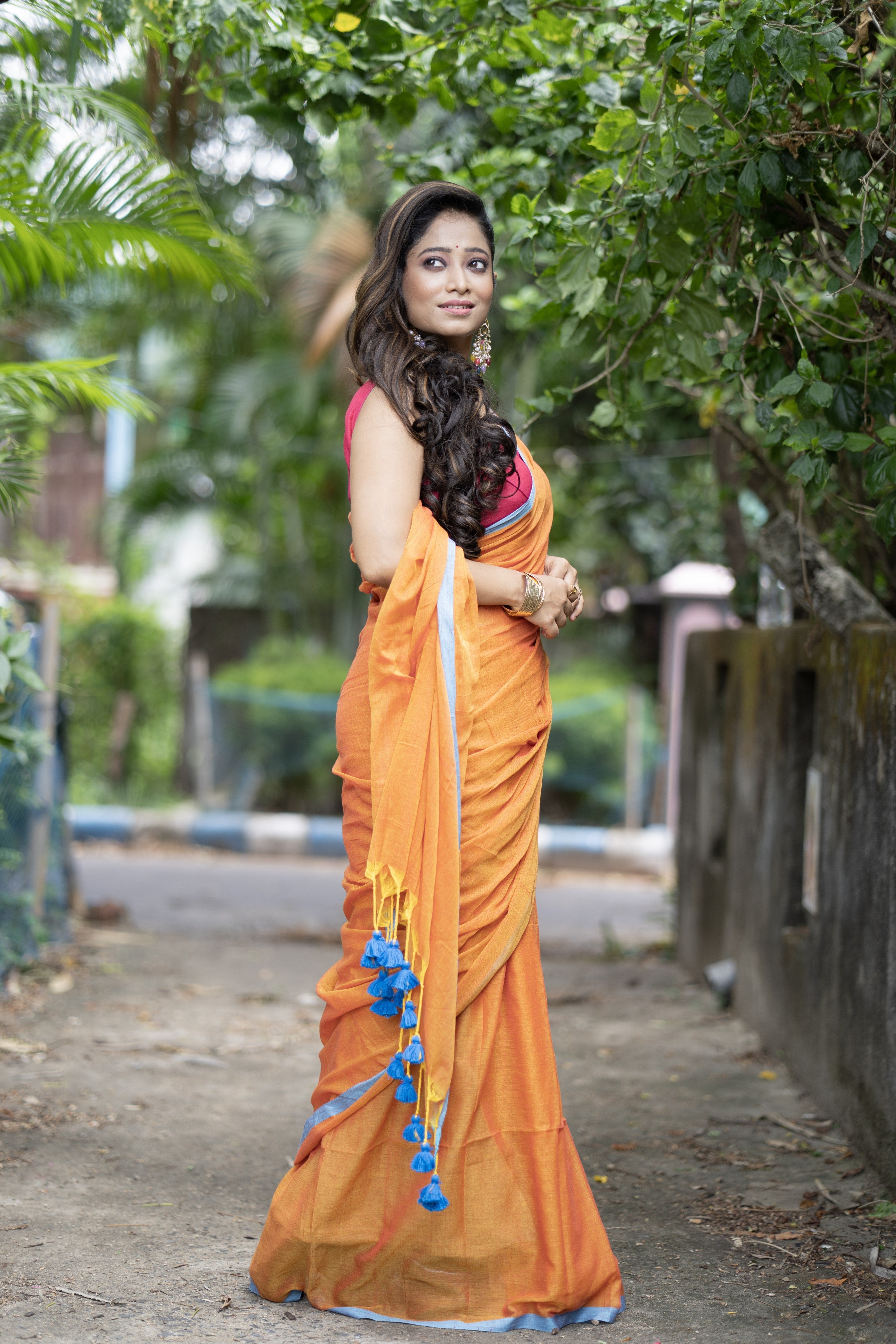 Meher Pure Mulmul Cotton Saree - Orange