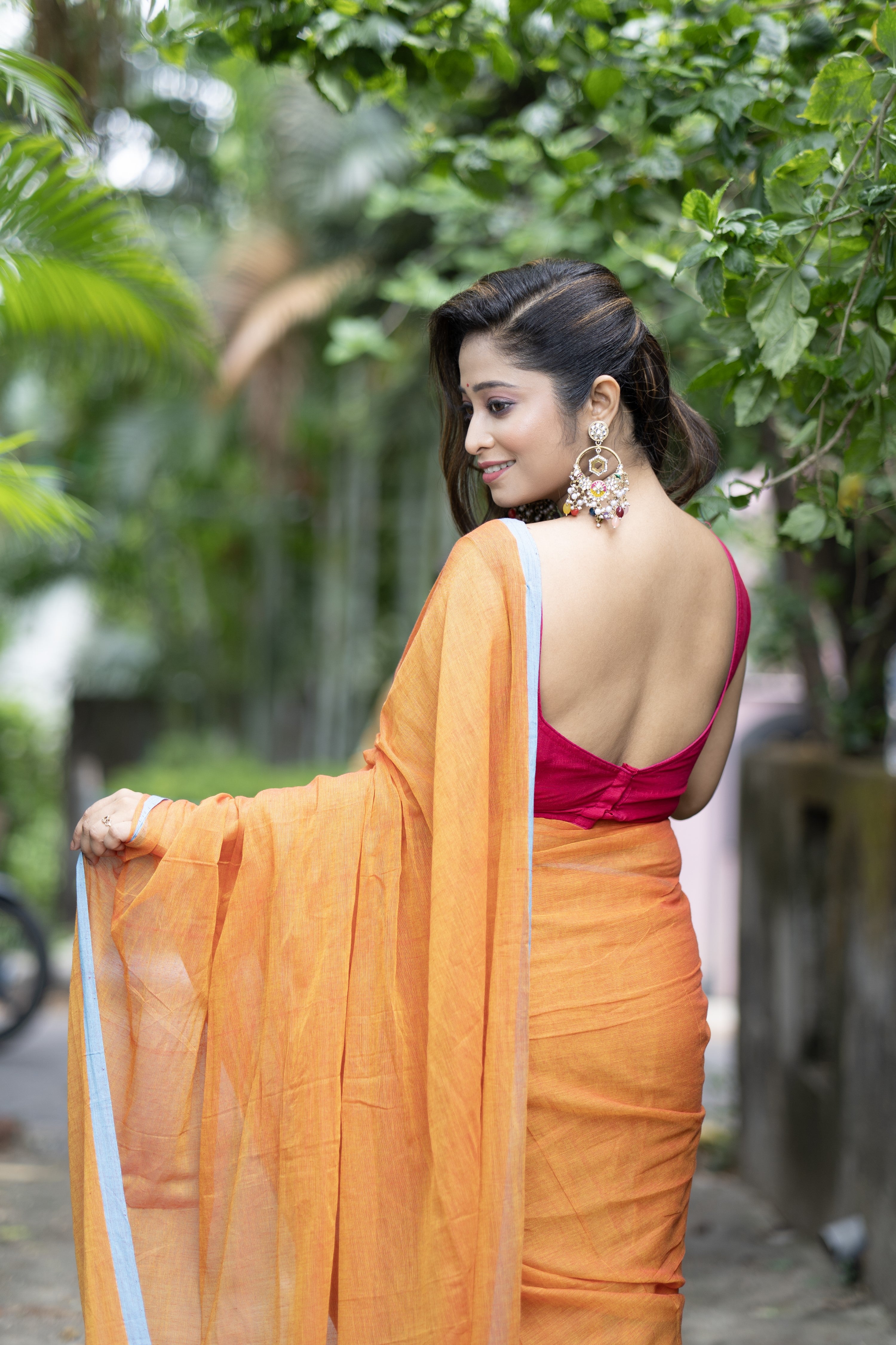 Meher Pure Mulmul Cotton Saree - Orange