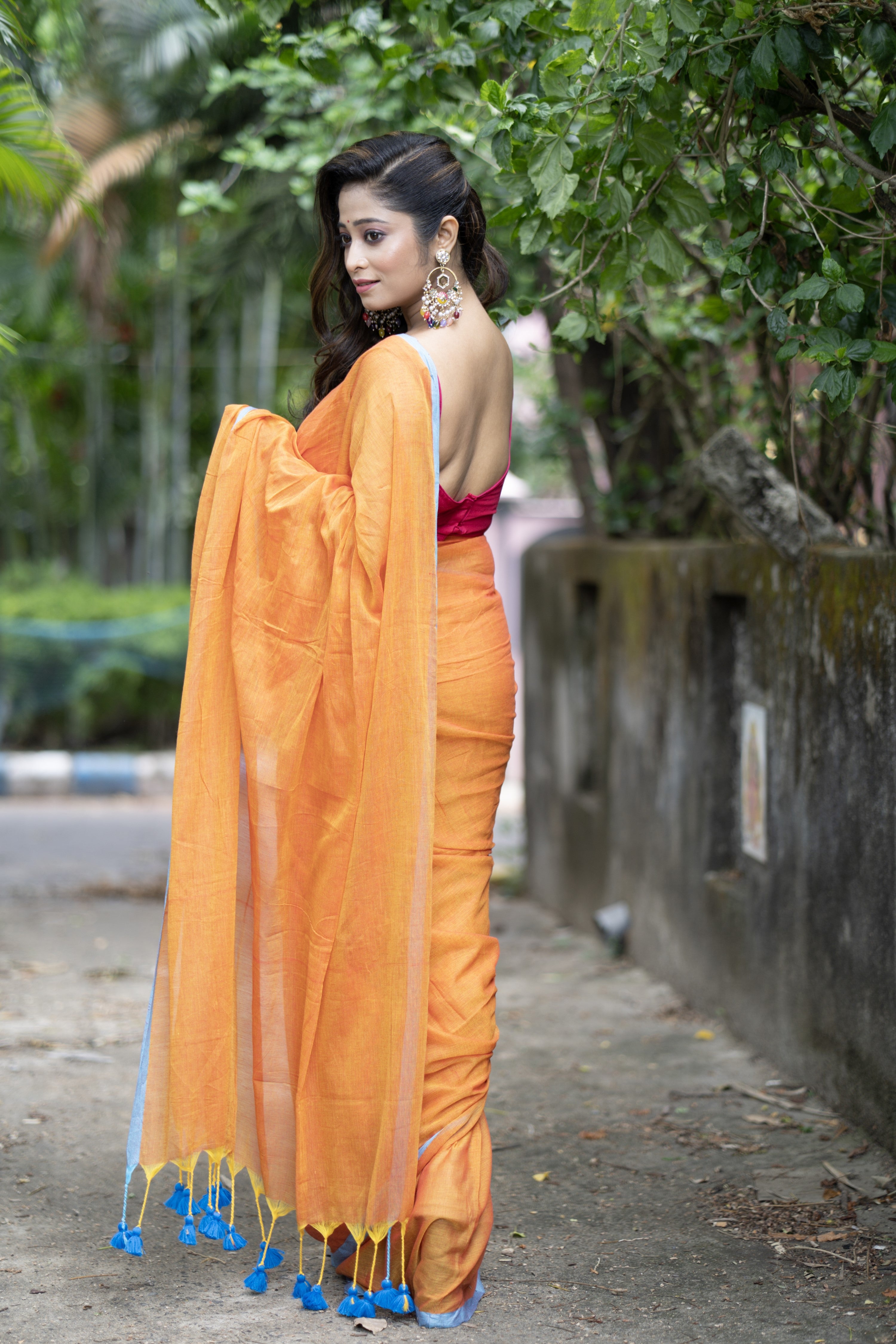 Meher Pure Mulmul Cotton Saree - Orange