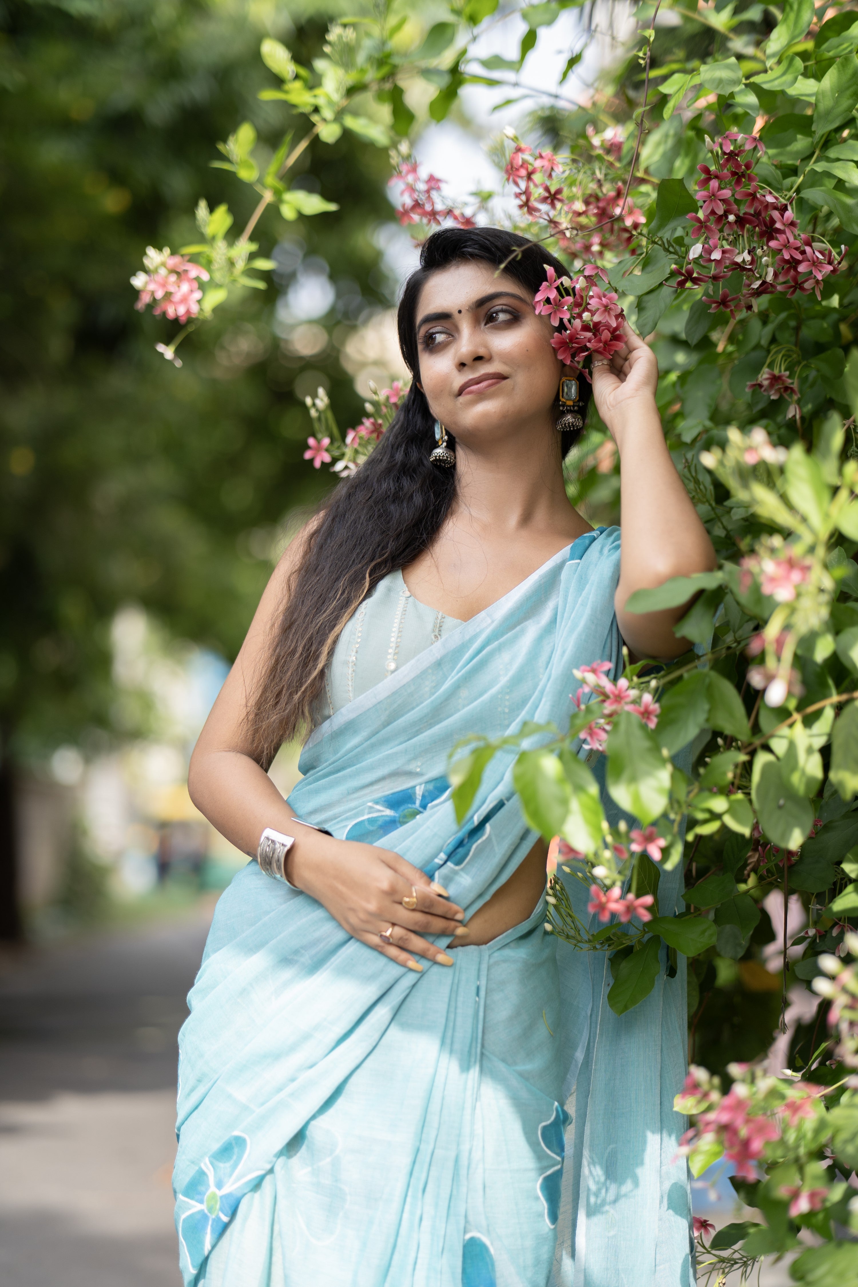 Hand-Printed Floral Mulmul Cotton Saree- blue