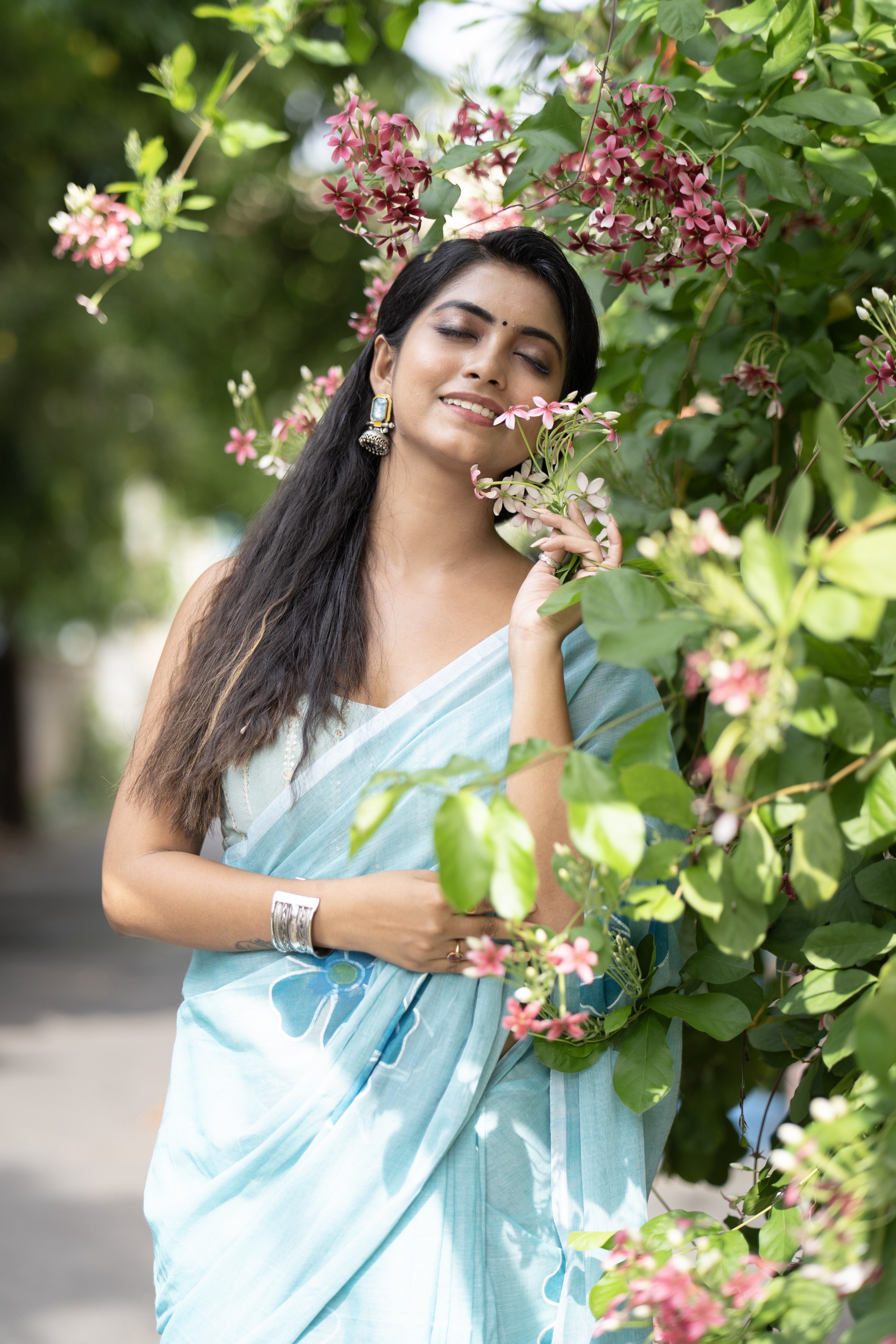 Hand-Printed Floral Mulmul Cotton Saree- blue