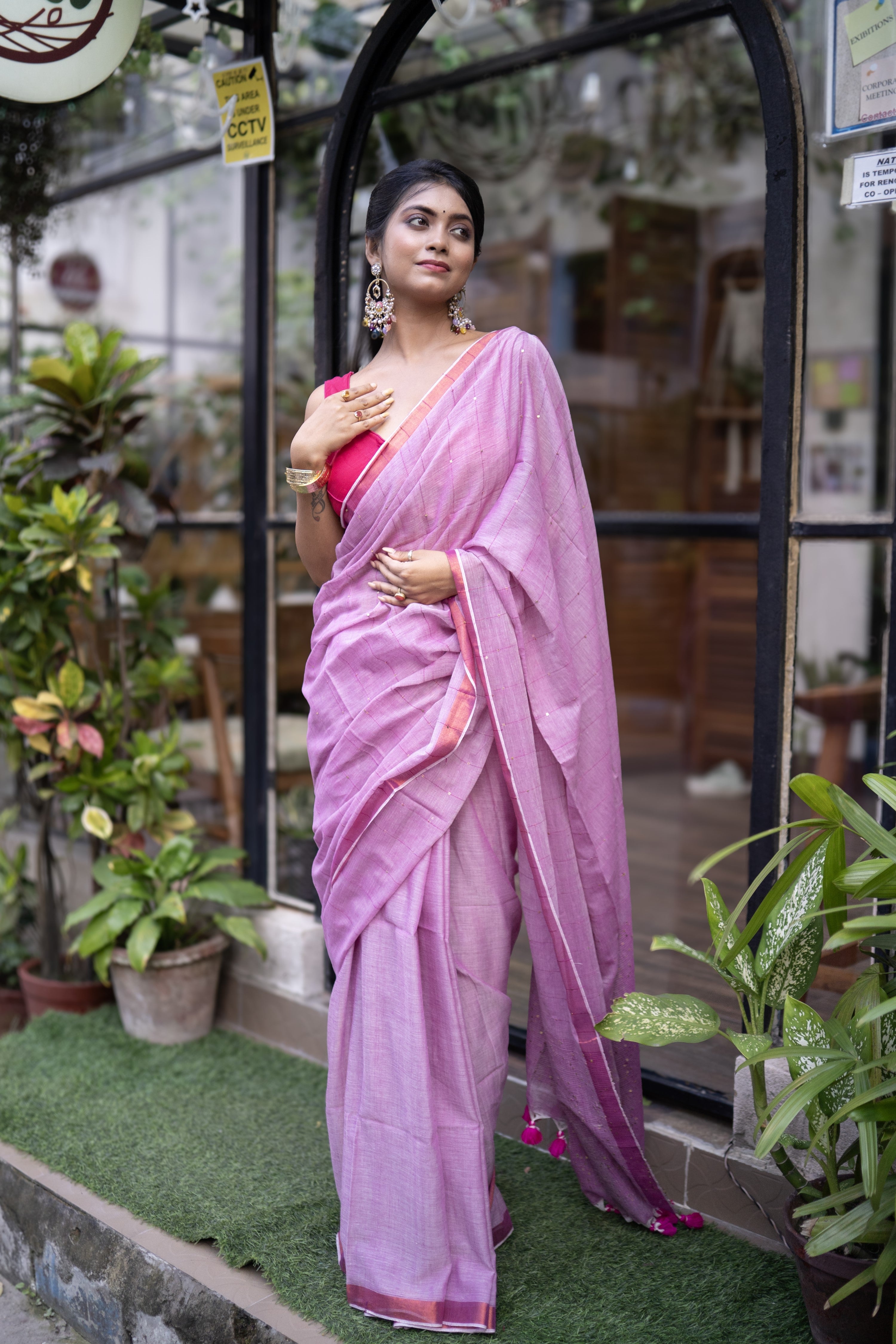 Mulmul Cotton Saree with Sequence Work - Taffy Pink